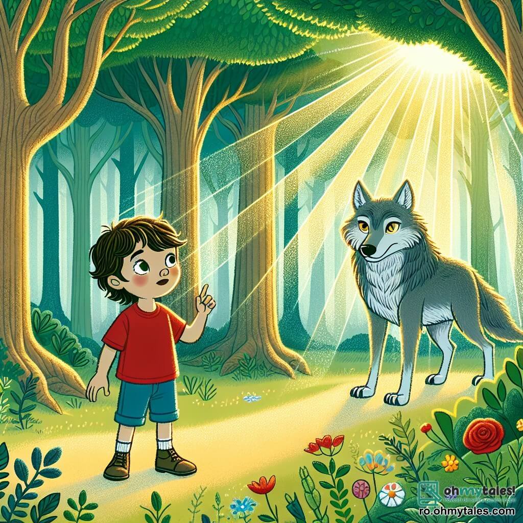 Un băiat de 6 ani, pe nume Andrei, cu părul castaniu și ochii plini de curiozitate, stă în mijlocul unei poieni însorite dintr-o pădure magică. Poartă un tricou roșu și o pereche de pantaloni scurți albaștri, iar pe fața lui se citește atât entuziasm, cât și o mică neliniște în timp ce se apropie de un lup mare cu blană gri. Lupul, care pare impunător dar are o privire tristă, stă la câțiva pași de Andrei, cu urechile mari ridicate și o postură ușor aplecată, de parcă așteaptă un răspuns. Poiana este înconjurată de copaci mari cu trunchiuri groase și frunze verzi strălucitoare, iar flori colorate presară solul, creând o atmosferă atât fermecată, cât și misterioasă. Andrei, curajos, se adresează lupului cu hotărâre, pregătit să descopere adevărul din spatele legendei marelui lup rău, în timp ce razele soarelui filtrează printre crengi, iluminând scena cu o lumină aurie blândă.