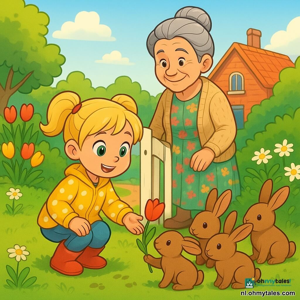 Een nieuwsgierig vierjarig meisje met blonde couettes, grote groene ogen, gele jas met witte stippen en rode laarsjes hurkt en reikt naar een klein bruin konijn met een rode tulp; een vriendelijke ongeveer 65-jarige vrouw met grijs haar in een knot, bloemenjurk en gebreid vest staat trots achter haar bij een houten poort; drie konijntjes op een groene grasmat bij een margrietstruik; zonnige landelijke tuin met kleurrijke tulpen, zandpad, wit houten poortje en bakstenen huis op de achtergrond; de meisje volgt moddersporen naar het poortje en ontdekt het konijn met de tulp — vrolijke sfeer, verzadigde kleuren en zacht ochtendlicht, warme kinderlijke compositie.