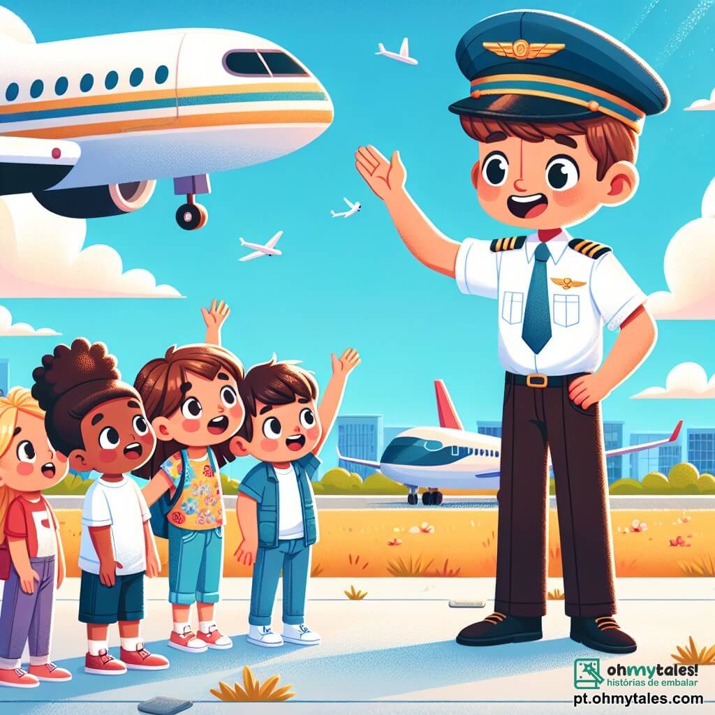 O personagem principal é um homem chamado Pedro, um piloto sorridente com cabelos castanhos e um boné de piloto. Ele usa uma camisa branca e uma gravata azul, e está de pé na frente de um grande avião, com os braços abertos, como se estivesse recebendo as crianças a bordo. Ao seu lado, uma menina chamada Luísa, de cerca de 8 anos, com cabelos cacheados e uma camiseta colorida, levanta a mão com entusiasmo, os olhos brilhando de excitação. Um menino chamado João, também de 8 anos, com cabelo curto e camiseta vermelha, observa Pedro com admiração, de braços cruzados, como se sonhasse em se tornar piloto também. O cenário é um aeroporto ensolarado, com um céu azul claro e algumas nuvens brancas. No fundo, há aviões estacionados e crianças reunidas ao redor de Pedro, todas fascinadas por sua história. A situação principal mostra Pedro contando suas aventuras de piloto para as crianças, cativando-as com histórias de voos sobre oceanos e paisagens deslumbrantes, enquanto elas o escutam atentamente, com os rostos iluminados pela admiração.