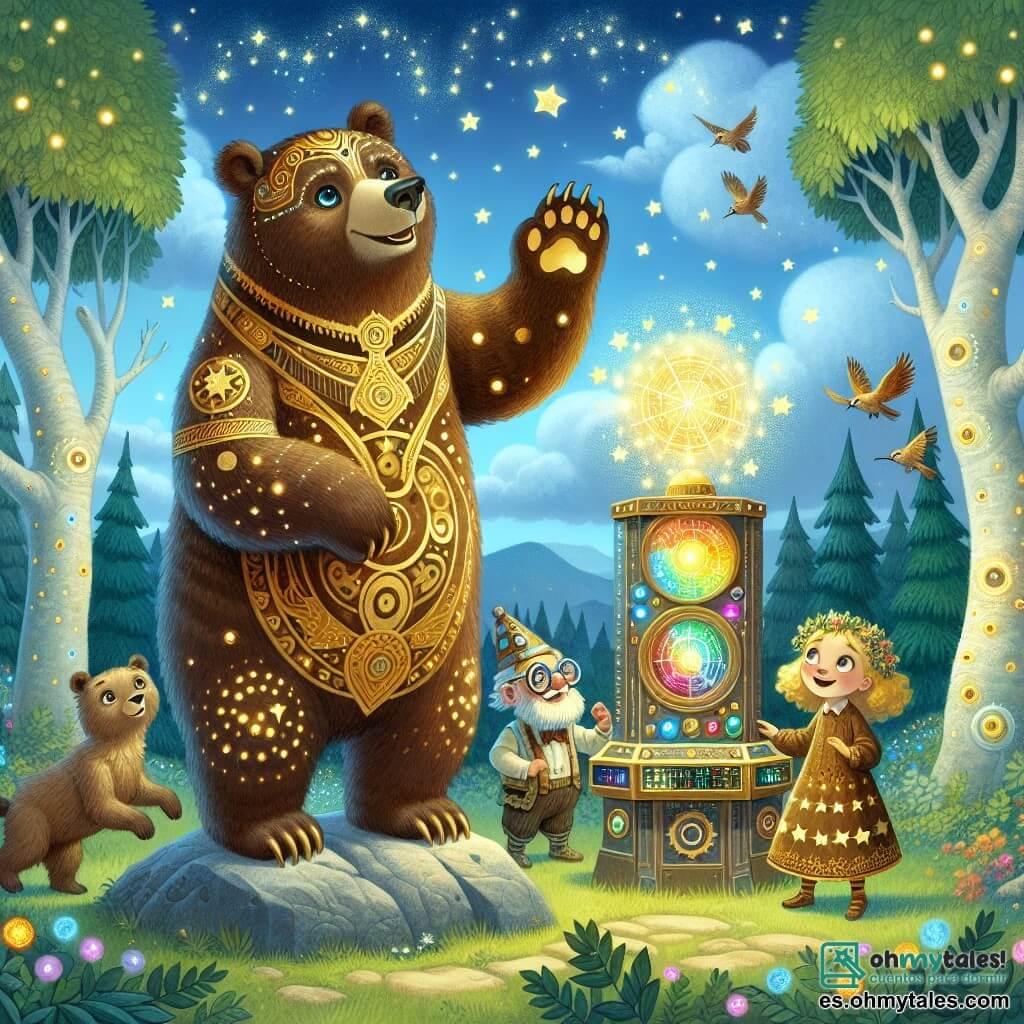 Ilustración que representa un gran oso pardo con motivos dorados, ojos llenos de curiosidad y una amplia sonrisa. Está de pie sobre una roca, levantando una pata hacia una máquina mágica brillante, con botones de colores y luces centelleantes. Junto a él, una niña de cabello rizado y dorado, vestida con un vestido de estrellas, observa la máquina con asombro, sus ojos abiertos y una sonrisa de emoción. Un hombre mayor, pequeño y barbudo, con gafas redondas y una túnica tecnológica, se encuentra un poco atrás, con los brazos cruzados, mostrando una expresión de sorpresa y diversión. La escena tiene lugar en un claro verde, rodeado de árboles majestuosos bajo un cielo azul con nubes esponjosas. Flores coloridas adornan el suelo y aves vuelan alegremente alrededor. La situación principal muestra al oso y sus amigos descubriendo juntos una máquina mágica que podría unir sus mundos, llenos de entusiasmo y esperanza. Elementos gráficos adicionales incluyen destellos de luz de la máquina, notas musicales flotando en el aire y pequeños animales curiosos observando desde los arbustos.
