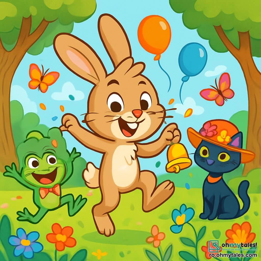 Rufus, un iepuraș mic cu urechi mari și blană de culoare brun deschis, sare vesel în centrul scenei, cu un zâmbet jucăuș pe față. Ochii săi strălucesc de șotii în timp ce agită un clopoțel strălucitor în laba din față. Lângă el, Gigi, o broască verde cu un papion roșu puțin strâmb, face o piruetă, fața ei radiază de entuziasm și bucurie. Mai departe, Matilda, o pisică elegantă de culoare neagră purtând o pălărie mare cu flori colorate, observă scena cu un zâmbet amuzat, ochii ei strălucind de entuziasm. Decorul este o poiană fermecată, înconjurată de copaci cu trunchiuri răsucite și flori multicolore care dansează în vânt. Balonase colorate plutesc în aer, în timp ce fluturi cu aripi irizate zboară în jurul personajelor. Situația principală arată cum Rufus, cu un râs zgomotos, agită clopoțelul magic, provocând o ploaie de confetti strălucitoare și surprize vesele, în timp ce prietenii săi se distrează în jurul lui, creând o atmosferă festivă și plină de viață.