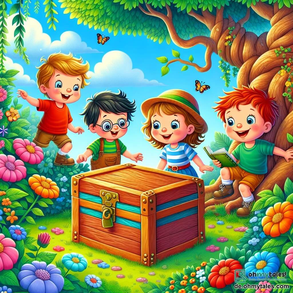 In einem geheimen Garten stehen vier kleine Abenteurer zusammen. Max, ein 3-jähriger Junge mit zerzausten braunen Haaren und einem roten T-Shirt, zeigt auf eine große, alte Holzbox mit bunten Mustern. Neben ihm schaut Ben, ein weiterer 3-jähriger Junge mit blonden Haaren und funkelnden Augen, fasziniert auf die Box, gekleidet in einer blauen Shorts und einem Strohhut. Leo, ein 3-jähriger Junge mit schwarzen Haaren und runden Brillen, hockt neben der Box und hält ein kleines Notizbuch in den Händen, bereit, ihre Entdeckungen festzuhalten. Schließlich springt Tom, ein 3-jähriger Junge mit roten Haaren und strahlendem Lächeln, voller Freude in einem grünen T-Shirt, während er darauf wartet, dass seine Freunde die Box öffnen. Der geheime Garten ist mit bunten Blumen, großen knorrigen Bäumen und einem blauen Himmel mit flauschigen weißen Wolken gefüllt. Schmetterlinge tanzen um sie herum und verleihen der Umgebung einen magischen Touch. Die vier Freunde sind bereit, die geheimnisvolle Box zu öffnen, gespannt auf die Schätze, die sie birgt, während sie Lachen und Lächeln teilen, was ihre Freundschaft und ihren Abenteuergeist zeigt.
