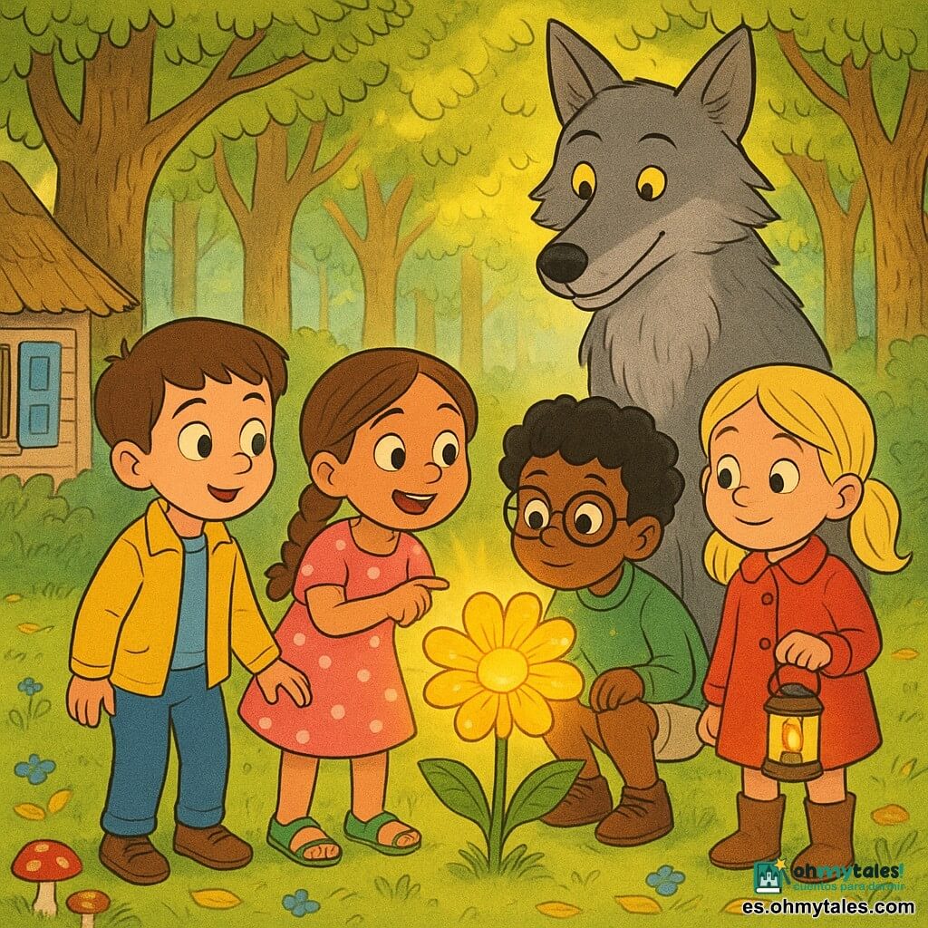 Hay 5 personajes: Lucas, niño de 8 años, pelo castaño corto, ojos verdes, chaqueta amarilla y pantalón azul, sostiene la mano de Sofía y está a la izquierda mirando la gran flor brillante; Sofía, niña de 7 años, pelo castaño largo en trenza, vestido rosa con lunares blancos y sandalias verdes, centro-izquierda señalando la flor con entusiasmo; Mateo, niño de 8 años, pelo negro rizado, gafas redondas, suéter verde y pantalón corto beige, centro-derecha agachado mirando la flor con curiosidad; Carla, niña de 7 años, pelo rubio en coletas, abrigo rojo y botas marrones, a la derecha sosteniendo una pequeña linterna encendida; y el Gran Lobo, antropomorfo, gran lobo gris de pelaje suave y ojos ámbar, sonrisa tranquila, postura algo encorvada pero no amenazante, detrás de los niños observándolos con benevolencia. Lugar: un claro en un bosque encantado con césped verde, alfombra de hojas doradas y árboles con troncos nudosos formando un círculo; a la izquierda una pequeña casa de madera con contraventanas pintadas y techo de paja; flores azules y setas rojas en primer plano; rayos de sol filtrándose entre las hojas creando manchas luminosas. Situación: los niños han encontrado en el centro del claro una gran flor dorada que brilla como el sol, emite una luz cálida y pétalos translúcidos centelleantes; están en semicírculo, maravillados, mientras el Gran Lobo los mira sonriendo en una atmósfera cálida, segura y alegre.