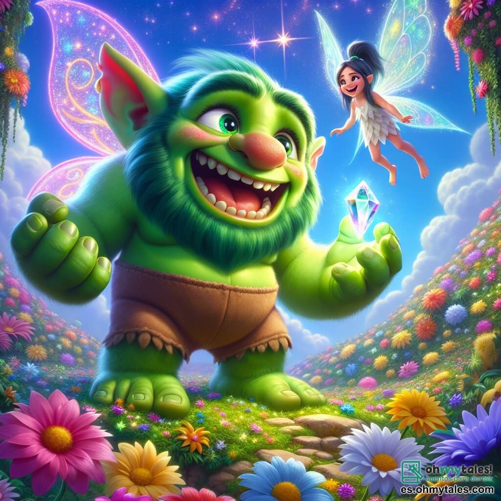 Un ogro llamado Ogi, con piel verde brillante, grandes orejas puntiagudas y una amplia sonrisa amigable, se encuentra en la cima de una montaña de flores coloridas, mirando con asombro un cristal brillante que centellea. Ogi está lleno de emoción, sus ojos brillan de alegría y emoción mientras se prepara para agarrar el cristal mágico. A su lado, una pequeña hada llamada Lila, de unos 8 años, con alas translúcidas y un bonito vestido de pétalos de flores, vuela alegremente alrededor de Ogi, señalando el cristal con una gran sonrisa. El lugar es una montaña encantada, cubierta de flores multicolores, con nubes suaves y algodonosas de fondo. El cielo es de un azul brillante, salpicado de algunas estrellas centelleantes, añadiendo un toque de magia a la escena. La situación principal muestra a Ogi y Lila, listos para recuperar el Cristal Brillante, símbolo de protección para su reino, mientras una nube oscura se aleja, dando paso a la luz y la alegría.