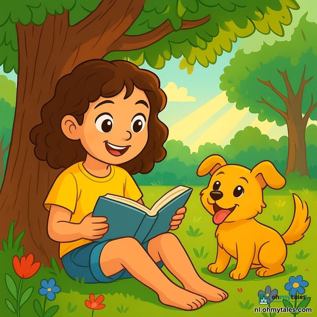 Een 10-jarig meisje, genaamd Emma, met krullend bruin haar en nieuwsgierige ogen, zit onder een grote eik met een stralende glimlach op haar gezicht. Ze draagt een felgele t-shirt en een spijkerbroekshort, terwijl ze een open boek op haar schoot heeft en gefascineerd is door het verhaal dat ze leest. Naast haar kwispelt een kleine hond met gouden vacht, genaamd Max, enthousiast met zijn staart, zijn ogen stralend van vreugde en energie. De plek is een zonnige open plek in het hart van een groene bos, omringd door majestueuze bomen waarvan de bladeren zachtjes in de bries dansen. Kleurrijke bloemen bedekken de grond en voegen rode, blauwe en paarse tinten toe aan dit natuurlijke tafereel. Emma en Max genieten van een moment van rust, verdiept in hun literaire avontuur, terwijl de zonnestralen door de takken filteren en een spel van schaduwen en licht op de grond creëren.