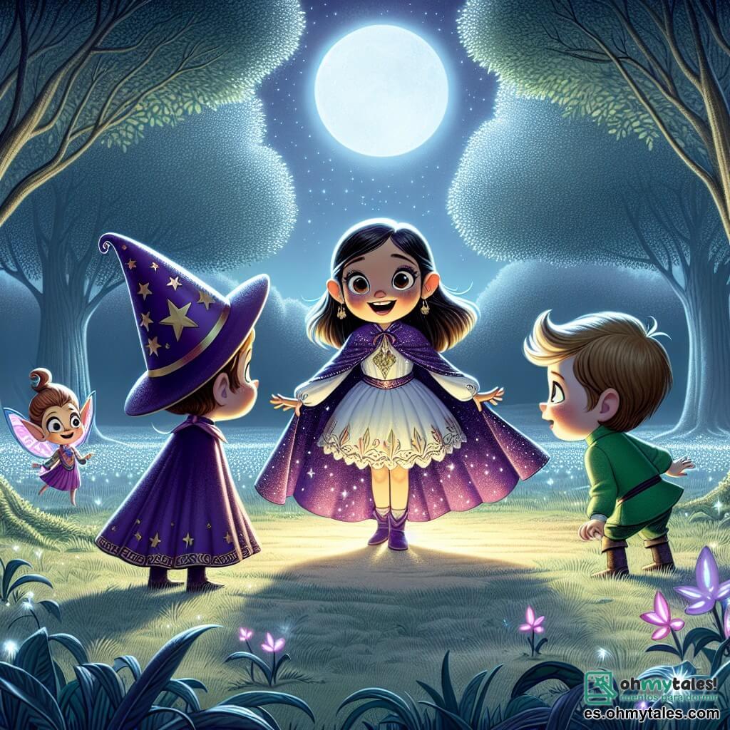 Lucía, una niña de doce años con largos cabellos castaños y ojos llenos de curiosidad, lleva un hermoso disfraz de mago con una capa violeta adornada con estrellas brillantes. Se encuentra en un claro iluminado por la luna, su rostro refleja emoción y asombro al descubrir un portal mágico frente a ella. A su lado, Puck, un pequeño duende de orejas puntiagudas y ojos brillantes, viste un traje colorido con un sombrero en forma de cono. Sonríe alegremente, saltando con entusiasmo, listo para guiar a Lucía en su aventura. Gleam, otro duende, es más pequeño y lleva una túnica verde, mira a Lucía con admiración, sus ojos brillando de emoción. El lugar es un amplio claro, bañado por la luz plateada de la luna, rodeado de majestuosos árboles con hojas brillantes. El suelo está cubierto de suave hierba y salpicado de flores luminosas que añaden un toque de magia al entorno. La escena principal muestra a Lucía a punto de cruzar el misterioso portal, símbolo de su aventura de Halloween, mientras los duendes la animan con sonrisas radiantes, creando una atmósfera de magia y emoción palpable.