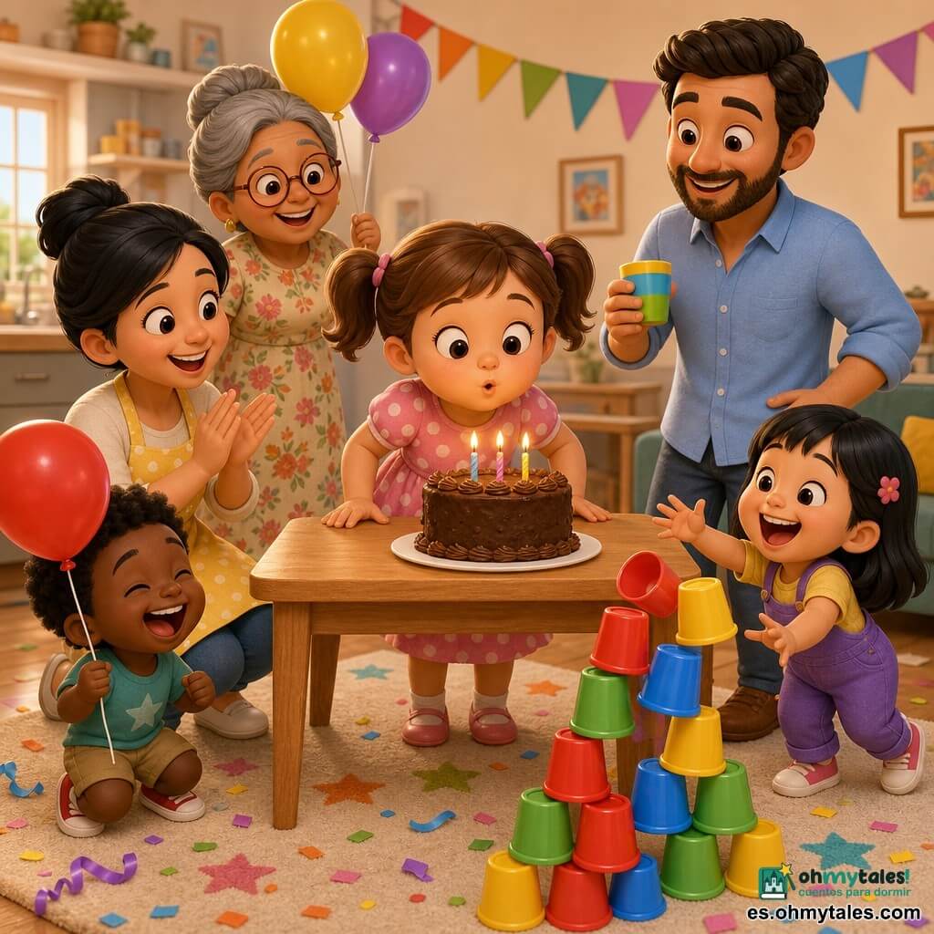 Niña de 4 años, alegre y concentrada, cabello castaño claro en coletas, ojos avellana redondos, vestido rosa con lunares blancos, sopla tres velas de un pastel de chocolate; madre de unos 30 años, pelo negro recogido, delantal amarillo, agachada a la izquierda lista para aplaudir; padre de unos 32, barba suave, camisa azul claro, de pie a la derecha con un vaso colorido mirando orgulloso; abuela de unos 65, pelo gris en moño, vestido floreado, sostiene dos globos detrás de la mesa; dos amigos de 4 años (niño con globo rojo y niña que alcanza una torre de vasos); estancia cocina-salón luminosa con mesa de madera clara, guirnalda multicolor, alfombra de estrellas, vasos de plástico apilados (rojo, azul, verde, amarillo) y algunos confetis; escena principal: fiesta mientras la niña sopla las velas y la familia aplaude, con una torre de vasos ligeramente inclinada en segundo plano; estilo visual: figuras 3D redondas y brillantes, texturas suaves, iluminación cálida de atardecer, colores vivos y contrastados, expresiones exageradas y adorables.