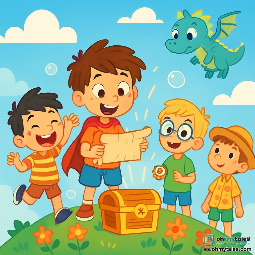 Hay 4 niños: - Leo: un niño de 8 años, con cabello castaño desordenado y ojos brillantes. Lleva una capa roja y sostiene un antiguo rollo de mapa en sus manos, mirando con emoción. - Nico: un niño de 7 años, con cabello rubio y gafas redondas. Lleva una camiseta verde y un pantalón corto azul, sonriendo mientras sostiene una pequeña brújula en su mano. - Rafa: un niño de 6 años, con cabello negro y pecas. Lleva una camiseta a rayas y pantalones cortos, riendo a carcajadas mientras salta cerca de Leo. - Dani: un niño de 7 años, con cabello castaño y un sombrero de paja. Lleva una camisa de flores y mira al cielo con asombro, un poco apartado. Los niños están en la cima de una colina verde, rodeados de flores coloridas que cantan suavemente. Al fondo, un cielo azul brillante está salpicado de nubes esponjosas, y un pequeño dragón de escamas brillantes los observa con curiosidad. La escena principal muestra a los niños descubriendo un cofre brillante en la cima de la colina, rodeado de burbujas de risas que flotan en el aire, listas para estallar y liberar destellos de alegría. Las caras de los niños están iluminadas por la emoción, mientras el dragón se acerca, intrigado por el tesoro mágico.