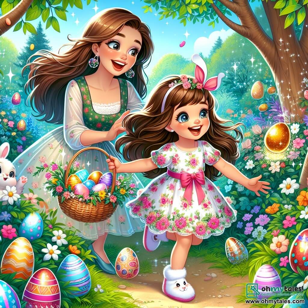 An 8-year-old girl named Lily, with long brown hair and sparkling joyful eyes, is picking up colorful eggs in a magical garden. She wears a floral spring dress and bunny-shaped slippers, her face radiating excitement. Next to her, her mom, a woman in her thirties with brown hair and a warm smile, holds a basket filled with decorated eggs and encourages her enthusiastically. The garden is filled with bright flowers, tall trees with green leaves, and a clear blue sky, creating a joyful and festive atmosphere. Easter eggs with various patterns, like stripes and polka dots, are hidden behind bushes and under flowers, adding a touch of magic to the scene. Lily discovers a shiny golden egg under a tree, her face lighting up with surprise and curiosity as she prepares to open it for an amazing surprise.