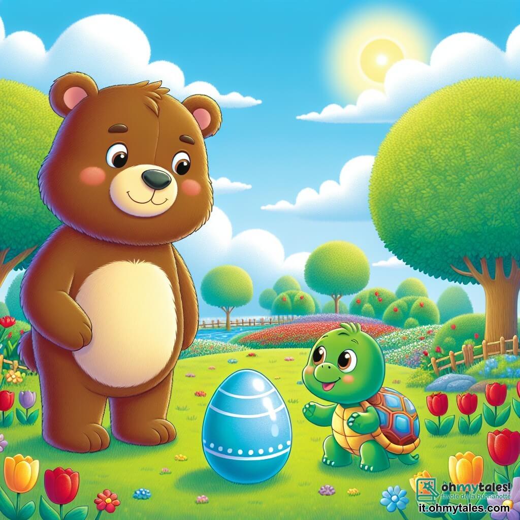 Un grande orso bruno, di nome Bruno, con un pelo morbido e occhi scintillanti di curiosità, si trova al centro della scena, sorridendo entusiasta mentre guarda un uovo di Pasqua blu brillante posato sull'erba. Accanto a lui, una piccola tartaruga verde, di nome Tina, con un guscio colorato e un'espressione gioiosa, alza la testa sorridendo, pronta ad aiutarlo nella sua ricerca. Sullo sfondo, un magnifico giardino fiorito si estende, con alberi maestosi, tulipani rossi e gialli, e un cielo blu chiaro punteggiato di nuvole bianche e soffici. La scena principale mostra Bruno e Tina che scoprono l'uovo misterioso, circondati da un'atmosfera magica, piena di colori vivaci e gioia, mentre si preparano a partire alla ricerca del coniglio magico.
