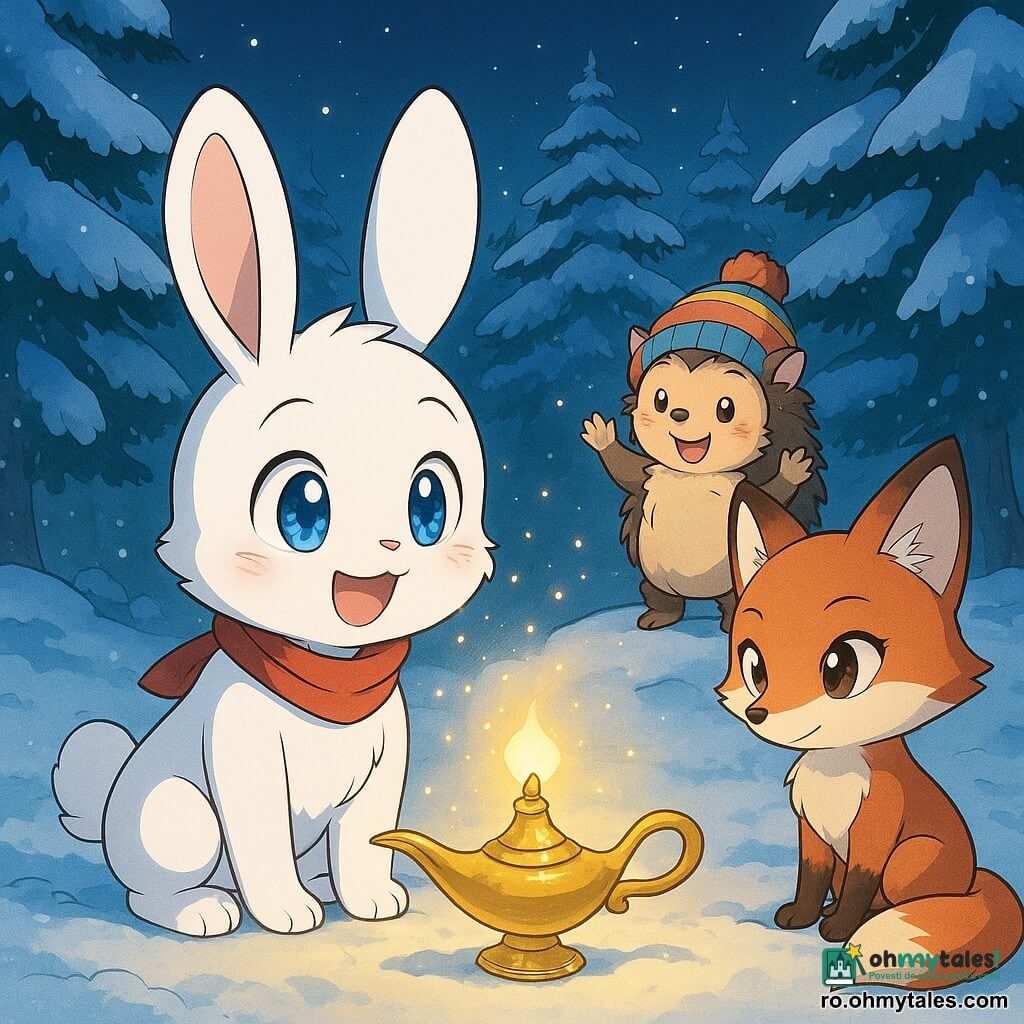 Un iepuraș alb pe nume Nino, cu ochi strălucitori ca safirele, privește uimit o lampă magică ce răspândește o lumină caldă și aurie. Nino are un zâmbet radiant și poartă o eșarfă roșie în jurul gâtului. Lângă el, o vulpe roșcată numită Lili, cu o coadă stufoasă și ochi șireți, observă scena cu curiozitate. Ea stă așezată pe labele din spate, ușor retrasă. În fundal, un arici pe nume Toma, cu țepi moi și o căciulă colorată, aplaudă vesel, stând pe un deal mic acoperit de zăpadă. Scena se desfășoară într-o poiană acoperită de zăpadă, înconjurată de brazi înalți acoperiți de zăpadă sclipitoare. În centru, lampa magică luminează zăpada din jurul ei, creând o atmosferă feerică și caldă.