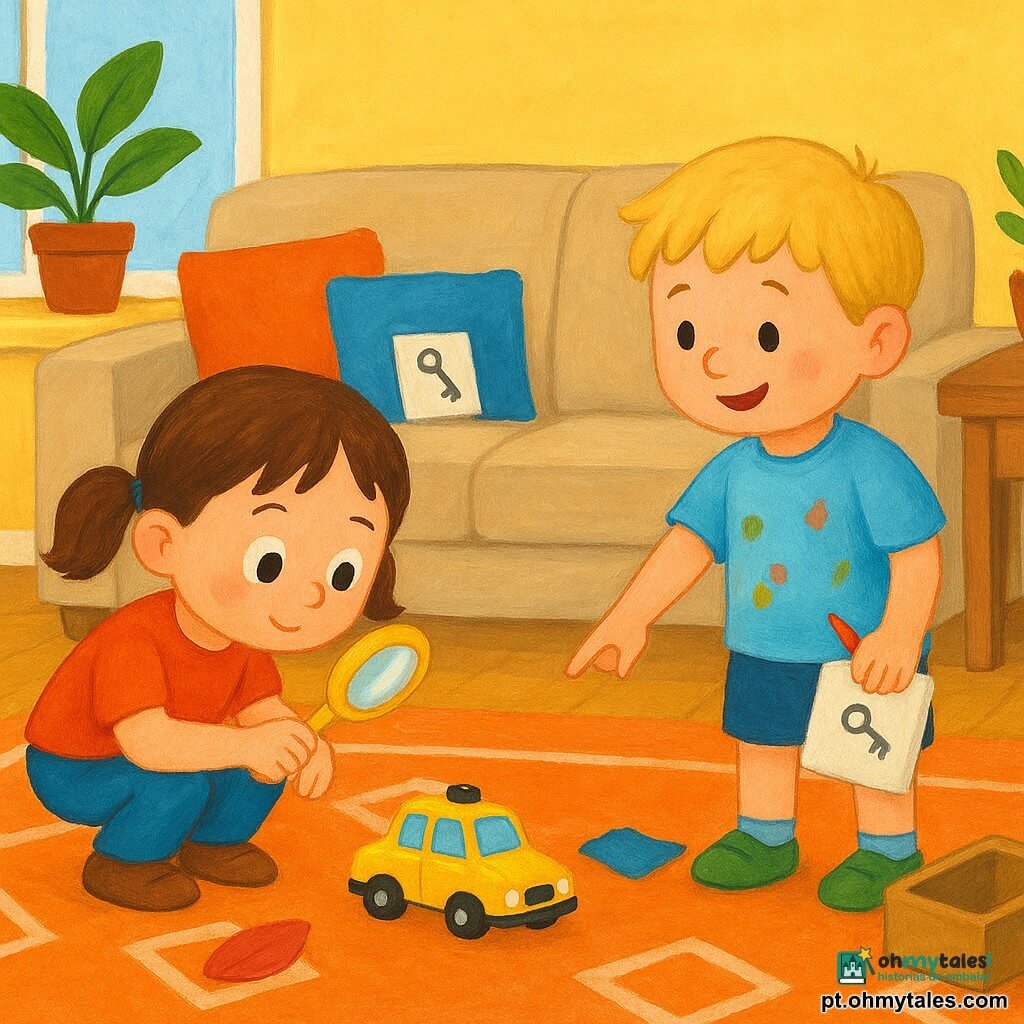 Dois personagens: uma menina de 4 anos, cabelos castanhos em duas marias, olhos redondos, segurando uma lupa amarela e agachada à esquerda do sofá examinando um pequeno táxi brinquedo amarelo no chão; e um menino de 4 anos, cabelos loiros curtos, manchas de tinta na camiseta azul-claro, em pé à direita do sofá apontando uma pista de tecido azul perto do táxi enquanto segura um caderno de desenhos e um lápis vermelho. O cenário é uma sala de estar luminosa e acolhedora com um grande sofá bege, almofadas coloridas, tapete geométrico laranja e branco, mesa baixa em madeira clara, planta em vaso de terracota e uma caixa de correio aberta no chão. Situação: os dois pequenos investigadores descobrem pistas para achar um chaveiro perdido — o táxi-brinquedo sobre o tapete, uma folha vermelha ao lado, um pedaço de tecido azul sob o táxi e um bilhete desenhado entre as almofadas; ambiente suave, cores vivas e traços simples e arredondados para um tom amigável e lúdico.