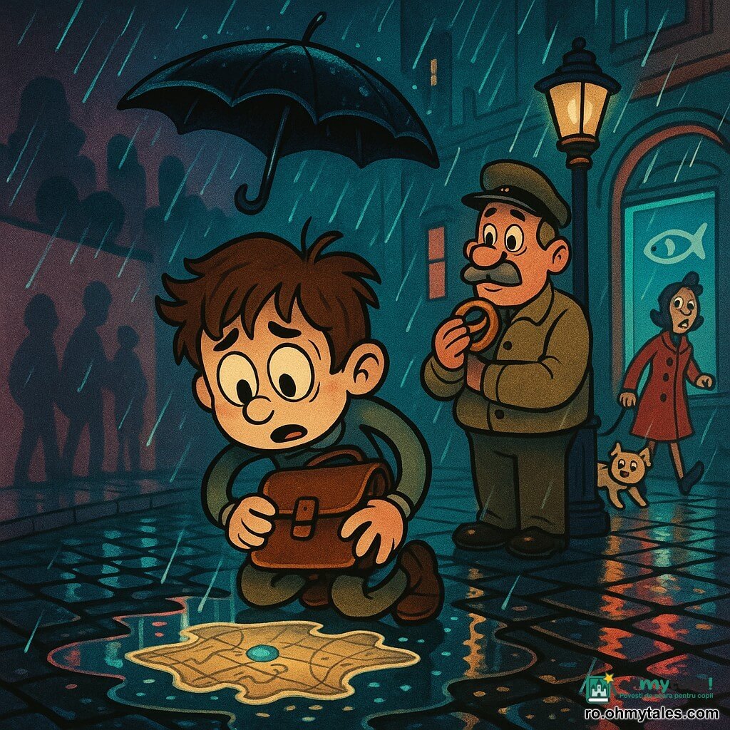 Un băiat de 12 ani, față rotundă, păr brun dezordonat, ochi mari uimiți și puțin îngrijorați, ține un ghiozdan din piele închis și privește o băltoacă care reflectă o hartă luminoasă; deasupra lui plutește o umbrelă neagră fără mâner, înclinată ca o farfurie, strălucitoare și udă, protejând fără a-l atinge. Un paznic de circa 50 de ani, cu mustață cenușie și geacă kaki, stă lângă un felinar și privește calm și curios; în fundal o femeie de circa 30 de ani, în palton roșu, ține un cățel alb care trage de lesă și aruncă o privire surprinsă spre băiat. Strada urbană udă noaptea are pavele negre lucitoare, bălți care reflectă neonuri turcoaz și roz, vitrine cu semne luminoase în formă de pești și o mică fântână de piatră; scena principală arată băltoaca centrală proiectând o hartă cu linii fine și un punct albastru pulsant, iar pe un zid umed apar umbre creionate în cretă ale trei siluete — atmosferă magică, culori saturate, contraste puternice și picături de ploaie desenate în linii curbe.