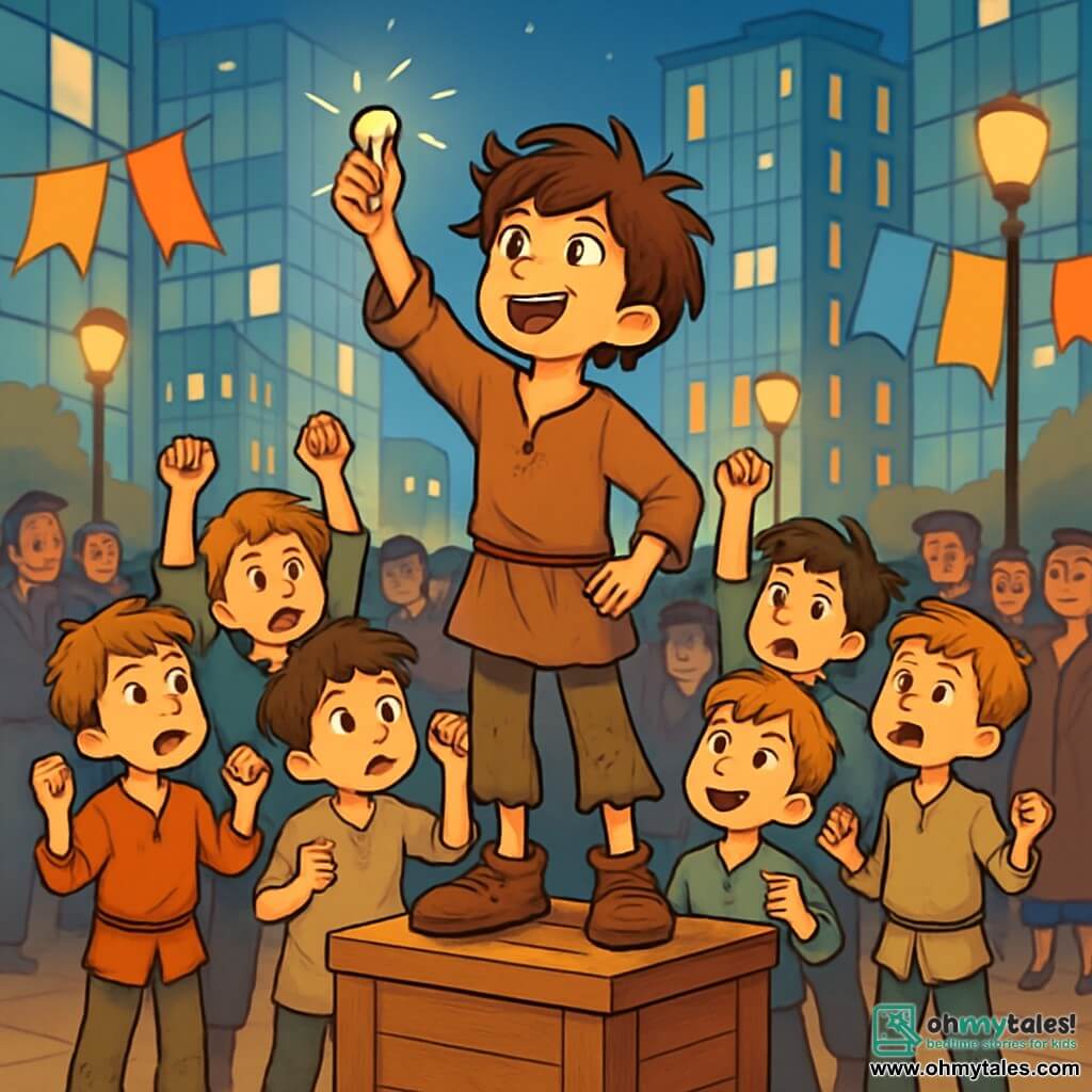 Little Thumb, a boy with tousled brown hair and sparkling determined eyes, stands on a wooden crate in a large town square, holding a shiny pebble up to the sky. He wears a simple tunic and worn trousers, with shoes too big for him, and his face expresses strong emotions of courage and hope. Beside him, his six brothers, all young boys with expressions of concern and excitement, encourage him by raising their arms, forming a circle around him. The bustling square is surrounded by tall, shimmering glass buildings, where people with varied faces gather, intrigued by Little Thumb's speech. Colorful posters flutter in the wind, and streetlights illuminate the scene with a soft, warm glow. The main situation shows Little Thumb bravely addressing the crowd, calling for unity and hope, while passersby, initially skeptical, begin to pay attention, captivated by his message.