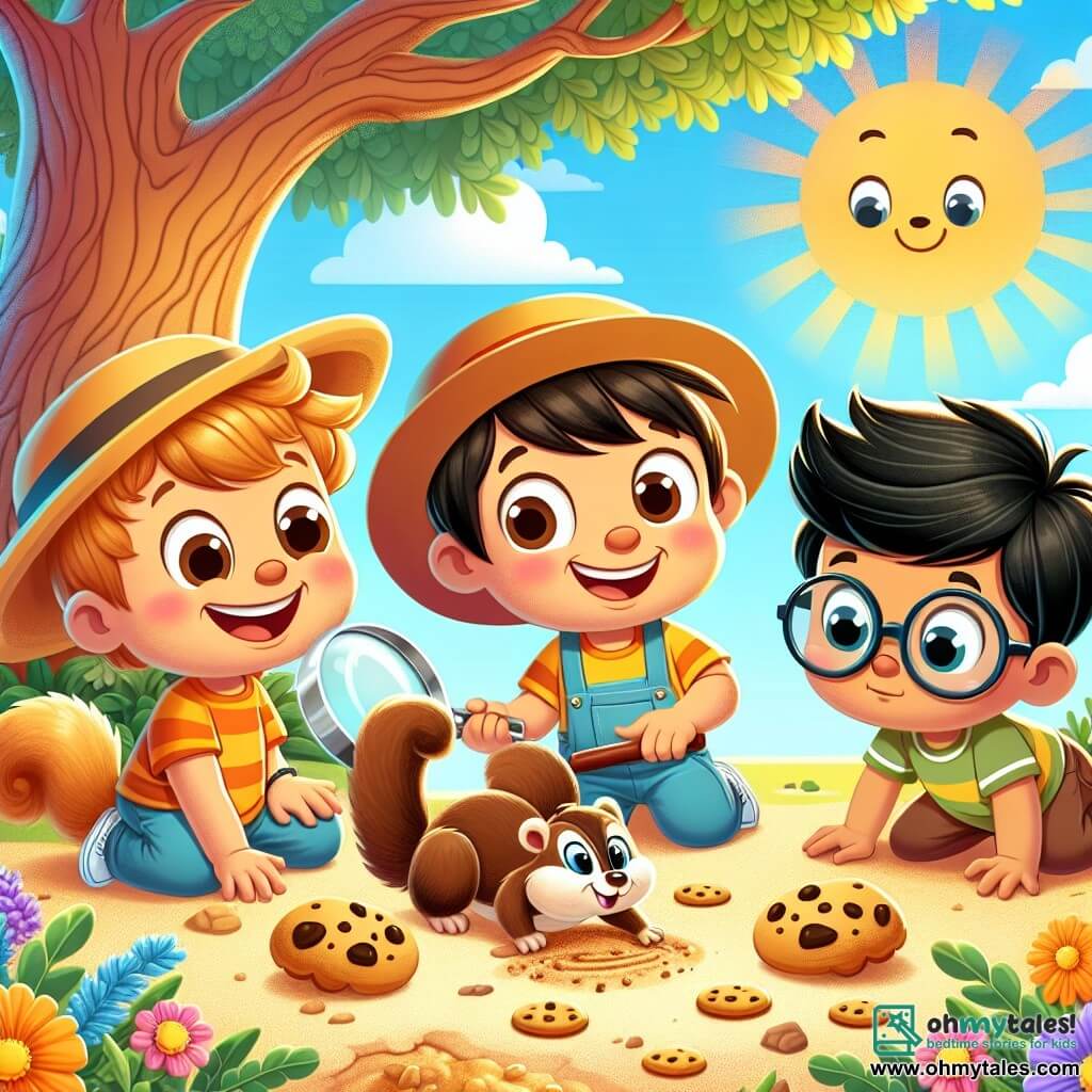 In a sunny park, three little friends are gathered together. Timmy, a three-year-old boy with messy brown hair and a big smile, wears an oversized hat. Next to him, Benny, another three-year-old with blond hair and funny glasses, looks around with curiosity. Sammy, a small boy with black hair and sparkling eyes, holds a large magnifying glass and pretends to search for clues in the sand. Behind them, a large tree with sprawling branches provides shade, and colorful flowers dance in the breeze. On the ground, cookie crumbs shine in the sunlight, forming a mysterious trail. The friends are on a quest to find their missing snacks, laughing and having fun as they follow the crumb trail leading them to a family of mischievous squirrels, ready to share a moment of joy and laughter.