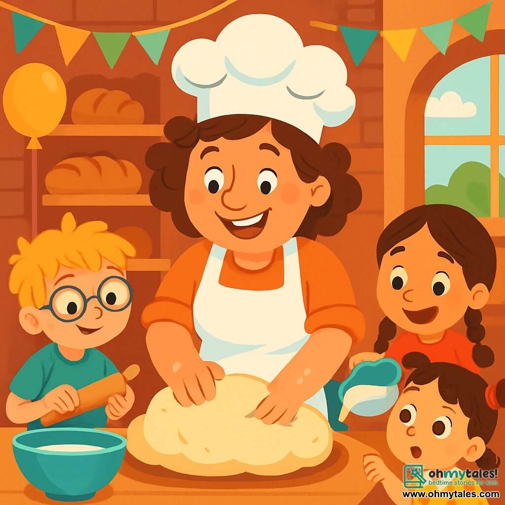 A joyful baker, Betty, is at the center of the image. She is a woman in her forties, with curly brown hair, a warm smile, and rosy cheeks. She wears a large white apron and a chef's hat shaped like a cloud. Betty is kneading bread dough, her flour-dusted hands moving enthusiastically. Next to her, three curious children watch her. Tommy, an 8-year-old boy with round glasses and messy blond hair, holds a small rolling pin, ready to help. Lucy, a 7-year-old girl with brown braids and a bright smile, pours water into a large bowl. Mia, a 6-year-old girl with pigtails and a floral dress, gazes at the rising dough with wide eyes. The scene takes place in a warm and colorful bakery, with red brick walls, shelves filled with golden bread, and windows letting in morning light. Festive decorations, like paper garlands and balloons, add a cheerful atmosphere. The main situation shows Betty and the children preparing creative breads for the big bread festival, filled with excitement and laughter as the dough rises before them, promising delicious surprises.