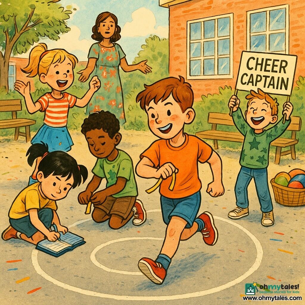 An 8-year-old boy, Tommy, smiling and determined with freckles and short brown hair, runs holding a small yellow ribbon; 8-year-old Mei, focused and mischievous with black pigtails, crouches by the chalk circle writing a rule in a blue notebook; 7–9-year-old Claire, joyful and loud with a blonde ponytail and red headband, stands beside the circle cheering; 8-year-old Ben, calm and caring with tan skin in a green shirt, helps Lucas tie a ribbon at the group's edge; 8-year-old Alex (non-binary or boy), lively in a green star sweater, holds a "Cheer Captain" sign and applauds; Miss Rivera, a thirties teacher in a floral dress, watches benevolently in the background; the sunny schoolyard has a large white chalk circle, colorful lines and floating ribbons, and the children play "Switch and Share," choosing and exchanging roles with laughter, encouragement, and shared applause.