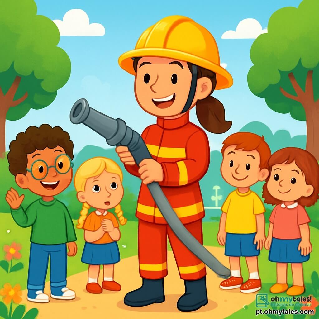 Uma mulher bombeira, Clara, está orgulhosamente no centro da imagem, com um grande sorriso no rosto. Ela usa um uniforme vermelho vivo, um capacete amarelo brilhante e botas pretas. Seus cabelos castanhos estão presos em um rabo de cavalo. Clara segura uma mangueira de bombeiro, pronta para mostrar às crianças como usá-la. Ao seu redor, um grupo de quatro crianças curiosas se forma em círculo. Mateus, um menino de 8 anos com óculos e cabelos cacheados, levanta a mão com entusiasmo. Ao lado dele, Sofia, uma menina de 7 anos com cabelos loiros trançados, olha para Clara com olhos arregalados, cheia de admiração. Duas outras crianças, um menino e uma menina, estão um pouco afastados, sorrindo e ouvindo atentamente. A cena acontece em um parque ensolarado, com árvores verdes luxuriantes e uma bela fonte ao fundo. Flores coloridas margeiam o caminho, e o céu é de um azul brilhante, salpicado de algumas nuvens brancas. Clara explica com paixão sua profissão de bombeira, enquanto as crianças a escutam atentamente, ansiosas para aprender e viver uma aventura emocionante.