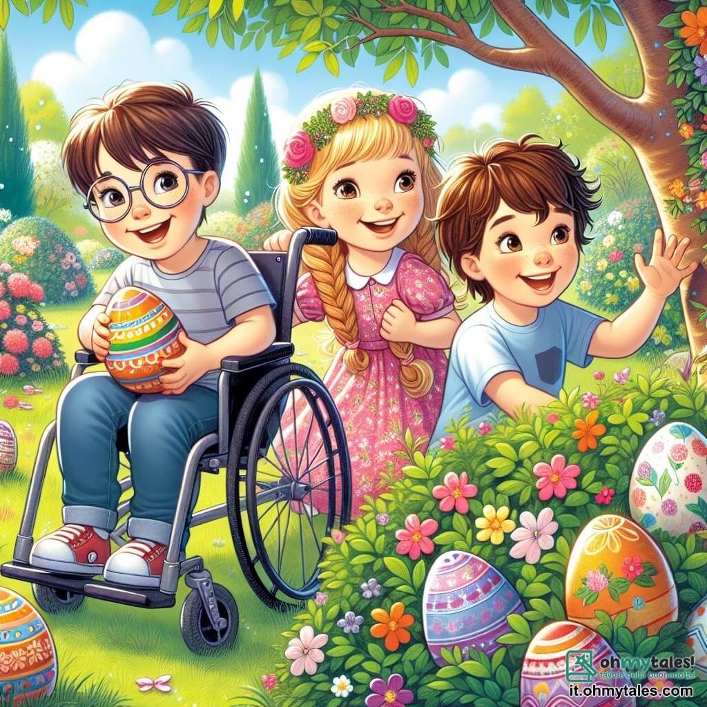 In un giardino soleggiato, tre bambini sono riuniti per una gioiosa caccia alle uova di Pasqua. Tommaso, un ragazzo di 6 anni in sedia a rotelle, ha capelli castani e occhiali rotondi, e sorride indicando un uovo nascosto sotto un cespuglio fiorito. Laura, una bambina di 5 anni con lunghi capelli biondi intrecciati e un vestito rosa a fiori, è accovacciata vicino a un albero, tenendo un uovo decorato con colori vivaci. Luca, un ragazzo di 5 anni con capelli castani arruffati e una maglietta blu, è in piedi con le braccia alzate in segno di vittoria, tenendo un grosso uovo di cioccolato lucido. Il giardino è pieno di fiori colorati, grandi alberi verdi e un prato ben curato. I bambini ridono e si divertono, cercando insieme le uova di cioccolato e condividendo momenti di gioia e amicizia.