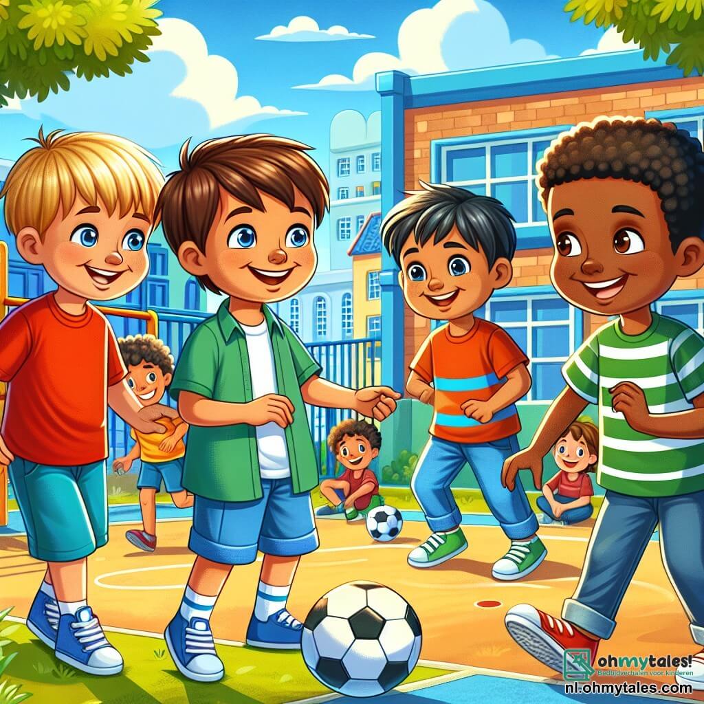 In een zonnige schoolyard zijn vier jongens bij elkaar. Lars, een 10-jarig jongen met blond haar en sprankelende blauwe ogen, draagt een rood t-shirt en een blauwe short, en glimlacht breed naar zijn vrienden. Amir, een 10-jarige jongen van Marokkaanse afkomst met bruin haar en bruine ogen, draagt een groen t-shirt en een spijkerbroek, en staat naast Lars met een verlegen glimlach. Tom, een 10-jarige jongen met kastanjebruin haar en een bril, is aan het jongleren met een voetbal, wat zijn enthousiasme toont. Jesse, een 10-jarige jongen met zwart haar en een donkere huid, lacht met gekruiste armen terwijl hij naar een grap van Lars luistert. De speelplaats is gevuld met kleurrijke speeltoestellen, groene bomen en een heldere blauwe lucht. De jongens spelen samen voetbal, verenigd en gelukkig, wat de kracht van hun vriendschap illustreert ondanks hun culturele verschillen. Andere kinderen kijken nieuwsgierig toe en sommigen beginnen zich te naderen, aangetrokken door de positieve energie van de groep.