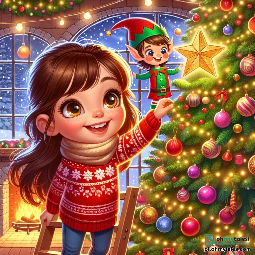 Uma menina de 6 anos, chamada Lia, com longos cabelos castanhos e olhos brilhantes de curiosidade, está em uma escada de madeira, um grande sorriso iluminando seu rosto. Ela usa um suéter vermelho com padrões de flocos de neve e um cachecol de lã. Ao seu lado, um duende de papel sorridente, com olhos brilhantes e orelhas pontudas, parece incentivá-la entusiasticamente, flutuando levemente acima do chão. A cena acontece em uma sala acolhedora, decorada com guirlandas luminosas e uma grande lareira de pedra, onde um fogo crepita alegremente. Uma linda árvore de Natal, coberta de bolas coloridas e guirlandas douradas, se ergue orgulhosamente no centro da sala, com uma estrela dourada faltando no topo. Lia está colocando a bela estrela dourada no topo da árvore, cheia de empolgação e alegria, enquanto o duende de papel a observa com um sorriso travesso. A sala está repleta de uma atmosfera festiva, com flocos de neve caindo suavemente do lado de fora das janelas, acrescentando à magia deste momento especial.