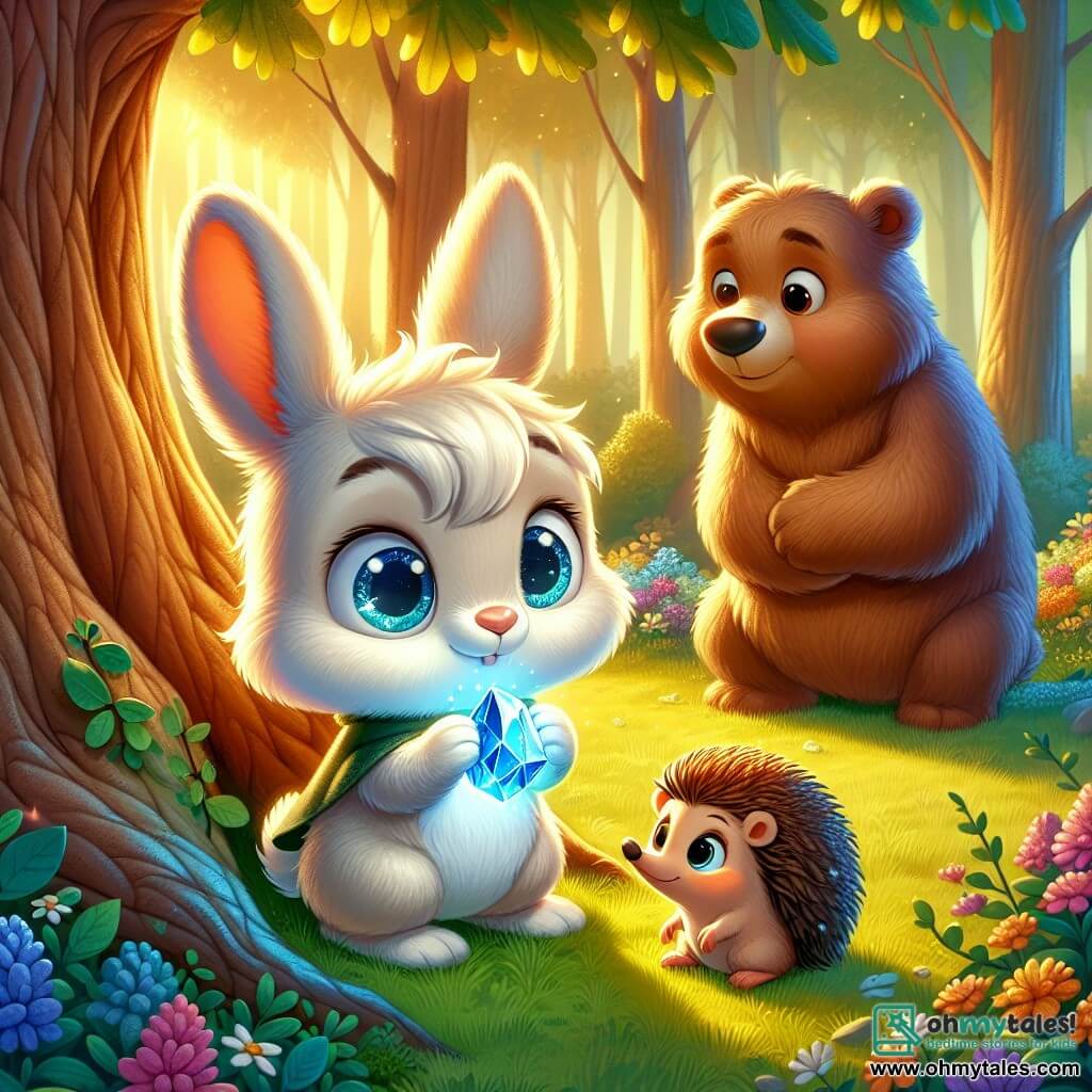 A small rabbit named Benny, with soft, fluffy cream-colored fur, sparkling curious eyes, and long expressive ears, stands at the center of the scene, smiling enthusiastically as he discovers a sparkling blue stone at the foot of a large oak tree. Next to him, a shy little hedgehog with brown quills and bright eyes gazes at the stone in wonder, slightly snuggling against the trunk of the tree. In the background, a large bear with brown fur and a curious look stands a bit back, observing the scene with a budding smile, ready to join the adventure. The setting is an enchanted clearing bathed in golden light, surrounded by tall trees with vibrant green leaves and colorful flowers scattered on the ground, creating a magical and welcoming atmosphere. The main situation shows Benny discovering the magical stone that allows him to understand the language of animals, while his friends, the hedgehog and the bear, gather around him, sharing a moment of wonder and friendship.