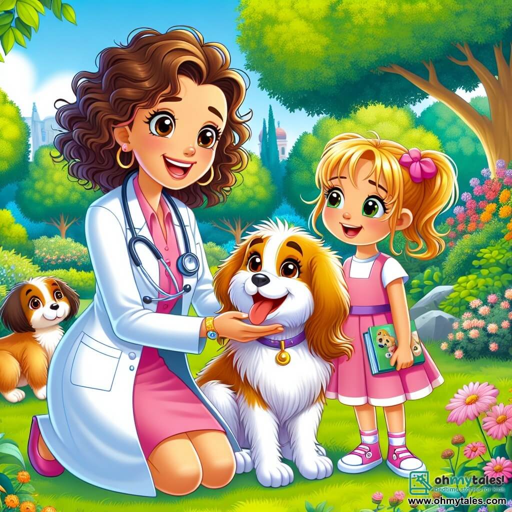 A smiling veterinarian, Dr. Emma, is a woman with curly brown hair, wearing a white coat and a stethoscope around her neck. She has sparkling eyes and a warm smile, showing her love for animals. She is crouching, holding a small golden-haired dog, Max, who is wagging his tail enthusiastically. Next to her, a 7-year-old girl, Lily, has long blonde hair and is wearing a pink dress. She looks at Dr. Emma with admiration, her eyes shining with excitement, holding a book on animal care. The setting is a green park filled with colorful flowers and majestic trees. A clear blue sunny sky illuminates the scene, creating a joyful and welcoming atmosphere. The main situation shows Dr. Emma explaining to the children how to care for their pets, surrounded by several curious kids listening attentively, with smiles on their faces.