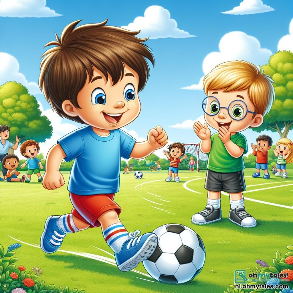 Een 4-jarig jongetje, genaamd Lukas, met rommelig bruin haar en een grote glimlach op zijn gezicht, dribbelt een voetbal op een groen veld. Hij draagt een felle blauwe t-shirt en een rode short, en zijn enthousiasme is voelbaar terwijl hij zich op het spel concentreert. Naast hem staat Max, een andere 4-jarige jongen met blond haar en ronde bril, die applaudisseert en Lukas aanmoedigt. Hij draagt een groene t-shirt en een zwarte short, en staat klaar om de bal te ontvangen. De locatie is een zonnig park, vol kleurrijke bloemen en majestueuze bomen, met een heldere blauwe lucht en een paar drijvende witte wolken. Kinderen spelen op de achtergrond en gezinnen wandelen op de paden. De belangrijkste situatie toont Lukas die een mooie schijnbeweging maakt om de bal aan Max te passen, die klaarstaat om te scoren. De opwinding en vriendschap tussen de twee jongens zijn duidelijk, wat de geest van het spel en teamwork vastlegt.