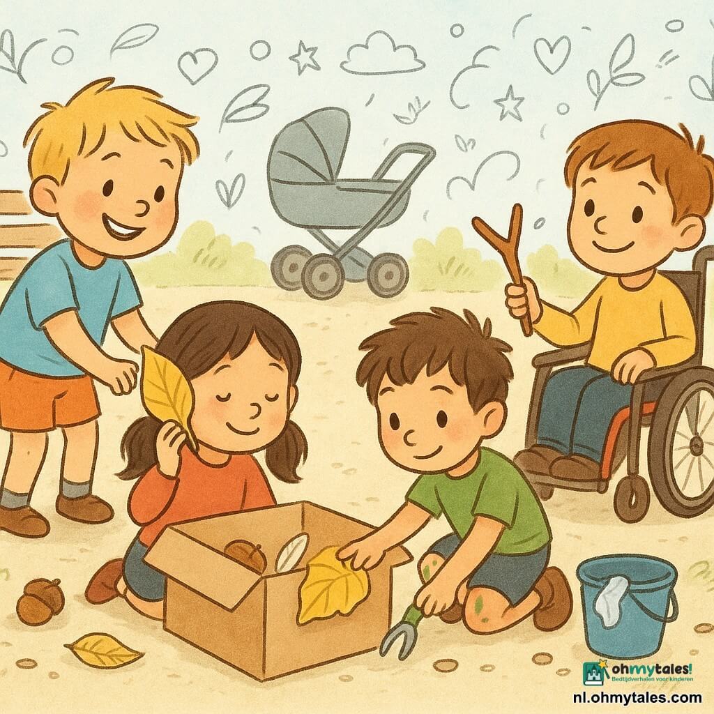Vier kinderen van 3 jaar bouwen samen een "natuurkist" in een klein hoekje van een openbare tuin bij een buggy en een houten bank op fijn grind en een strookje gras: Milo (blond, links, staat en klopt zacht op een open kartonnen doos), Sem (bruine haren, gehurkt rechts, verfvlekken op de knieën, houdt een plastic grijptang met een plastic zakje), Noor (zwarte dotjes, zittend vooraan, houdt een grote droge gele blad tegen haar oor) en Jip (bruin haar, glimlachend in een rolstoel achteraan met een rood bekertje aan de stoel, houdt een Y-vormig stokje); ze leggen droge bladeren, een glanzende kastanje, een wit veertje en een Y-stok in de doos, één kind gebruikt een pincet om een stukje plastic op te rapen en in een emmer te gooien, zachte ochtendlichtsfeer, warme kleuren en tastbare texturen.