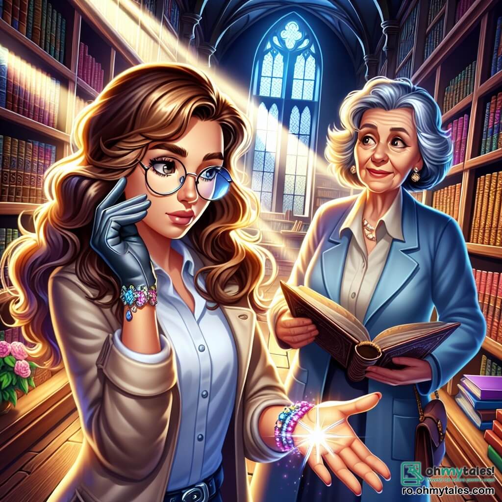 O femeie detectiv, Ioana, în jur de treizeci de ani, cu păr brun ondulat și ochelari rotunzi, stă în fața unei biblioteci vechi. Fața ei exprimă determinare și curiozitate, în timp ce examinează o brățară strălucitoare pe care o ține în mână. Lângă ea, o bibliotecară de cincizeci de ani, cu păr gri și un zâmbet cald, o privește pe Ioana cu îngrijorare, arătând spre o raft plin cu cărți. Locul este o bibliotecă luminoasă, cu pereți din lemn închis, rafturi pline de cărți colorate și feronerie mari care lasă să intre lumina soarelui. Razele de lumină dansează pe podeaua din lemn lustruit, creând o atmosferă calmă și misterioasă. Situația principală o arată pe Ioana investigând dispariția unei adolescente, Ana, analizând indicii lăsate în urmă, în timp ce ascultă sfaturile bibliotecarei.