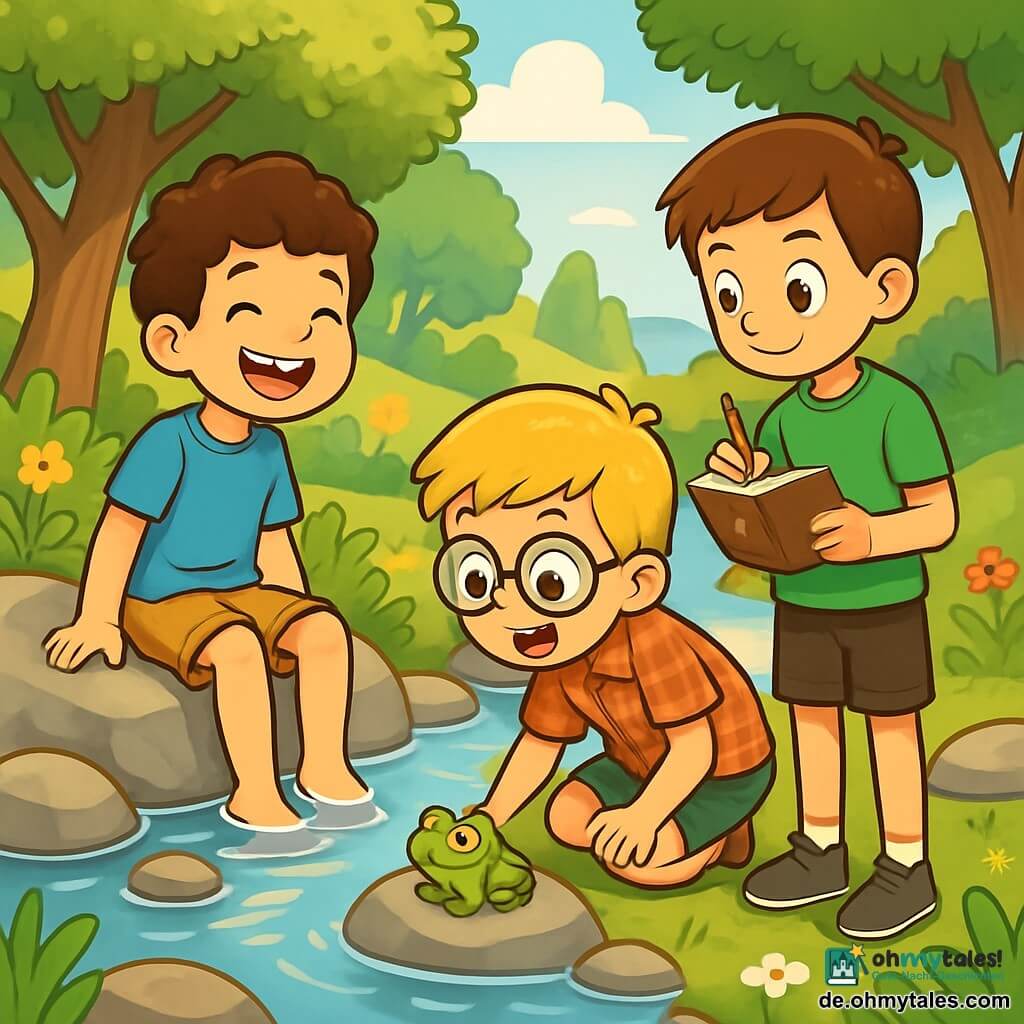 Es gibt drei Charaktere: Lukas, ein 10-jähriger Junge mit braunen, lockigen Haaren, trägt ein blaues T-Shirt und eine beige Shorts. Er sitzt auf einem Felsen am Ufer des Baches, die Füße im Wasser, mit einem breiten Lächeln im Gesicht. Emil, ein 9-jähriger Junge mit blonden Haaren und runden Brillen, trägt ein rot kariertes Hemd und eine kurze Hose. Er hockt am Wasser und beobachtet einen kleinen Frosch, mit weit aufgerissenen Augen vor Staunen. Ben, ein 10-jähriger Junge mit glatten, kastanienbraunen Haaren, trägt ein grünes T-Shirt und eine schwarze Shorts. Er steht, hält ein kleines Notizbuch und einen Bleistift in der Hand, bereit, das Gesehene aufzuschreiben, mit einem konzentrierten Gesichtsausdruck. Der Ort ist ein malerischer Bach, umgeben von Grün, mit schattenspendenden Laubbäumen. Bunte Blumen säumen den Weg, und glatte Steine liegen verstreut auf dem Boden. Das klare Wasser des Baches funkelt in der Sonne und erzeugt goldene Reflexionen. Die Hauptsituation zeigt die drei Freunde, die den Bach erkunden, begeistert von der Natur. Lukas taucht seine Zehen ins Wasser, Emil beobachtet einen kleinen Frosch auf einem Stein, und Ben macht Notizen, alle lachen und teilen ihre Freude, während sie die Sommerferien verbringen.