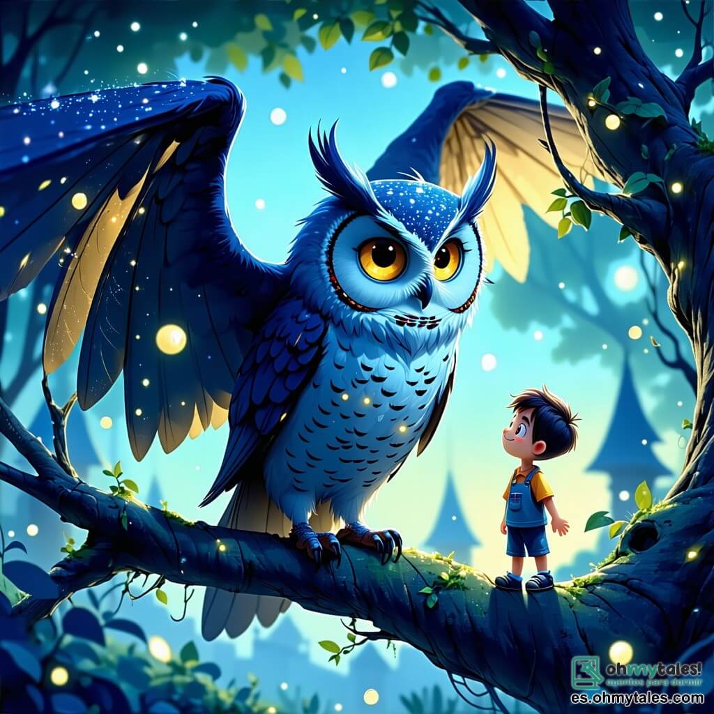 En el centro de la imagen, un monstruo llamado Búho, un gran búho de plumas suaves y brillantes, con ojos resplandecientes como luciérnagas, expresa curiosidad y determinación. Sus majestuosas alas están desplegadas y se encuentra en una rama de árbol, observando atentamente el paisaje. A su lado, un pequeño duende llamado Lilo, un niño de orejas puntiagudas y cabello despeinado, sonríe con entusiasmo. Lleva una túnica colorida y se mantiene de puntillas, con los brazos levantados hacia Búho, como si lo animara a avanzar. El escenario es un hermoso Bosque de Cristal, donde las paredes de la cueva brillan gracias a cristales centelleantes. Flores multicolores rodean el suelo, mientras una luz dorada ilumina la escena. La situación principal muestra a Búho y Lilo descubriendo el Corazón de la Primavera, una piedra preciosa brillante en el centro del claro, rodeada de flores vibrantes. Están asombrados, listos para proteger su bosque mágico del invierno eterno.