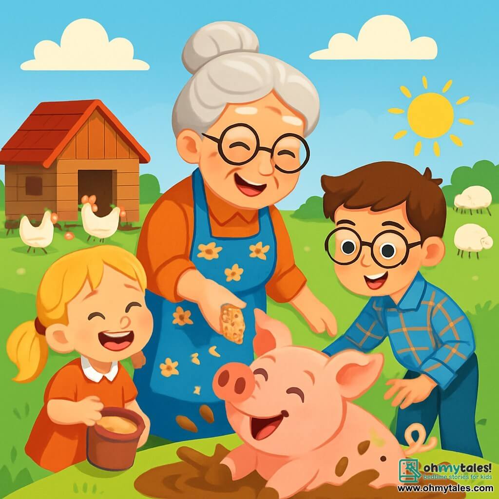 An elderly woman, Farmer Maggie, smiling and warm, with gray hair in a bun and a floral apron, stands in the middle of a green field surrounded by her animals. She is feeding a large pink pig named Percy, who is joyfully rolling in the mud with splashes around him. Next to her, an 8-year-old girl, Daisy, with blonde pigtails, laughs while holding a small bucket of pig food, while a 9-year-old boy, Max, wearing glasses and a plaid shirt, approaches to pet Percy. In the background, there is a wooden chicken coop with white and brown hens pecking at the ground, and fluffy sheep grazing peacefully in the meadow. The scene takes place under a clear blue sky with a few fluffy white clouds, and the sun shines, illuminating the colorful landscape. Farmer Maggie and the children are sharing a joyful moment filled with laughter and discoveries about farm life.