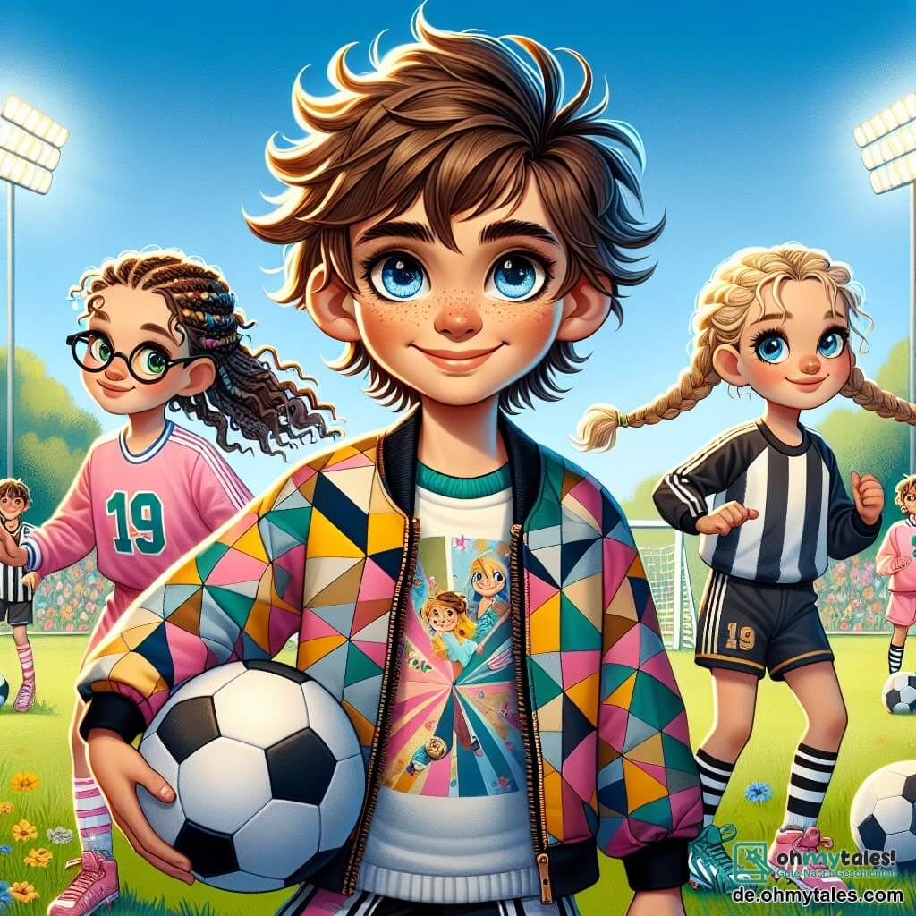 Ein 9-jähriger Junge, Max, mit zerzausten braunen Haaren und neugierigen Augen, steht im Mittelpunkt des Bildes und lächelt strahlend. Er trägt eine bunte Jacke mit geometrischen Mustern und hält einen Fußball unter dem Arm, bereit zum Spielen. Zu seiner Rechten steht Emma, ein 9-jähriges Mädchen mit geflochtenen blonden Haaren und strahlend blauen Augen, die entschlossen zum Tor schießt. Sie trägt ein pinkes Fußballtrikot und schwarze Shorts. Links steht Lisa, ein weiteres 9-jähriges Mädchen mit lockigen braunen Haaren und Brille, die lächelt und ein Plakat mit der Aufschrift "Geschlechtergleichheit" hält, um ihr Team zu unterstützen. Die Szenerie spielt auf einem sonnigen Spielplatz, umgeben von grünen Bäumen und bunten Blumen, unter einem großen blauen Himmel mit ein paar weißen Wolken. Im Hintergrund spielen Klassenkameraden zusammen, was den Teamgeist und die Freundschaft stärkt. Die Hauptsituation zeigt Max und seine Freunde, Mädchen und Jungen, die gemeinsam Fußball spielen und damit Geschlechtergleichheit und die Freude an der Zusammenarbeit unabhängig vom Geschlecht veranschaulichen.