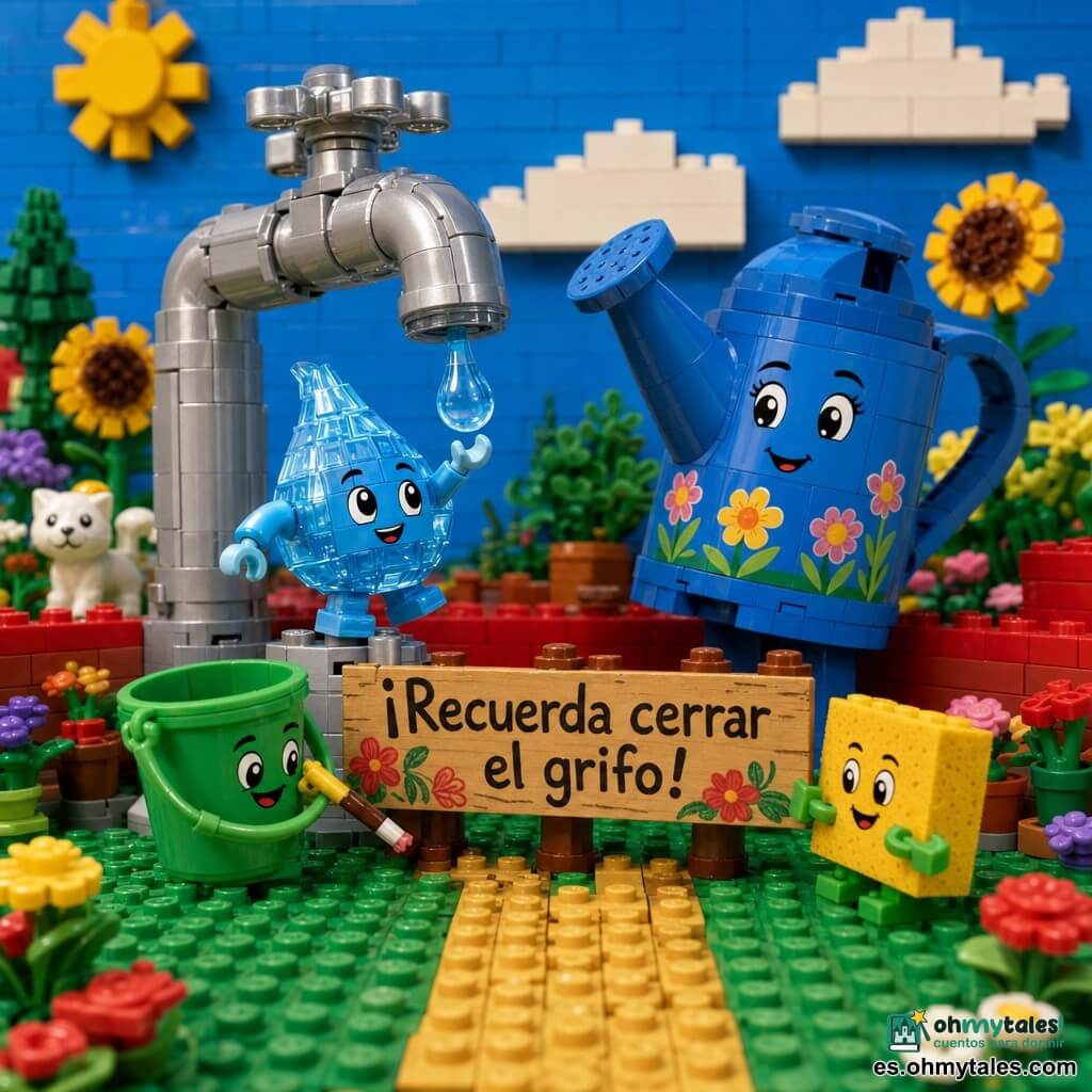 Personaje principal: una pequeña gota de agua antropomórfica de ladrillo transparente azul claro, sonrisa y ojos grandes, curiosa y decidida, en el borde de un grifo de Lego cromado intentando atrapar una gota que cae. Personaje secundario: una regadera grande azul de ladrillo con forma redondeada y flores pintadas, de expresión amable, detrás del grifo animando a la gota. Personajes secundarios: un cubo verde y una esponja cuadrada amarilla de Lego con ojitos dibujados, cómplices sosteniendo una pancarta de madera «¡Recuerda cerrar el grifo!» delante del grifo. Decorado: jardín comunitario de Lego con placas verdes de hierba, flores tipo girasol de distintas alturas, camino ocre, macetas coloridas y bajo muro de ladrillo rojo, cielo azul claro. Situación: escena luminosa y alegre donde la gota atrapa la gota que cae mientras sus amigos colocan la pancarta; ambiente de equipo, colores vivos y composición clara para niños.