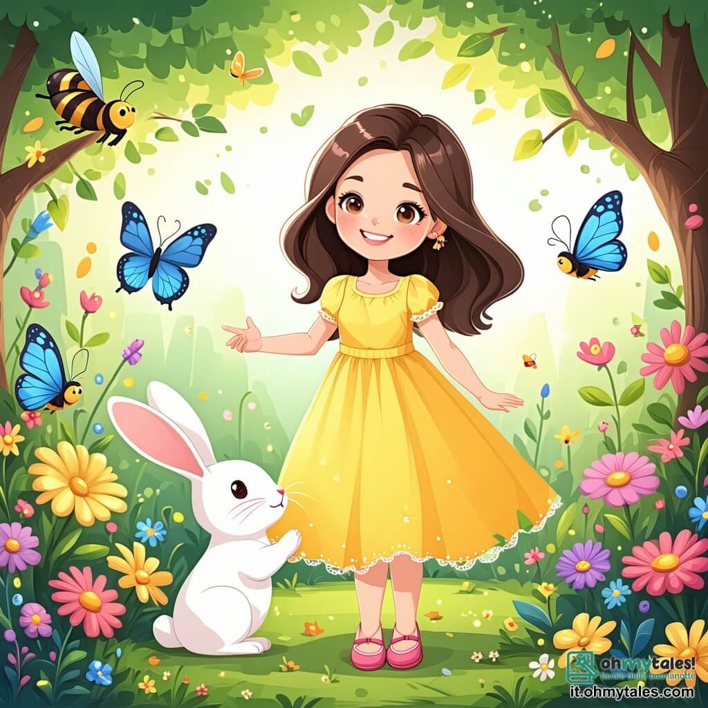 Una bambina di 6 anni, Sofia, con lunghi capelli castani e occhi pieni di curiosità, indossa un vestito giallo brillante. Sorride gioiosamente mentre gioca in un giardino colorato, circondata da fiori vivaci e farfalle danzanti. Accanto a lei, un coniglio bianco, con grandi orecchie, salta allegramente guardando Sofia con occhi maliziosi. Più lontano, un'ape ronzante vola di fiore in fiore, aggiungendo un tocco di magia alla scena. Il giardino è un vero quadro di primavera, con tulipani rossi, margherite bianche e alberi in fiore, sotto un cielo blu splendente. Sofia e i suoi amici del giardino celebrano la bellezza della primavera, giocando insieme e condividendo risate in un'atmosfera gioiosa e colorata.