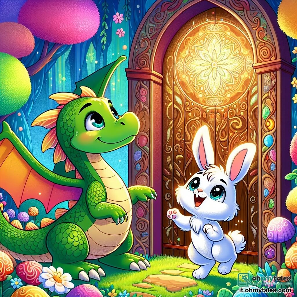 Un giovane drago con ali brillanti come un arcobaleno, con squame verdi e occhi scintillanti, osserva con meraviglia una grande porta di legno decorata con motivi magici, il suo viso esprimendo curiosità ed eccitazione. Accanto a lui, un piccolo coniglio con grandi orecchie bianche, con un pelo morbido e occhi scintillanti, salta di gioia, il suo sorriso che irradia entusiasmo mentre indica la porta con un dito. Il contesto è un giardino segreto incantevole, pieno di fiori multicolori, alberi di caramelle e raggi di sole che filtrano tra le foglie, creando un'atmosfera magica e accogliente. La scena principale mostra il drago e il coniglio davanti alla porta misteriosa, pronti a entrare in un mondo di avventure, con espressioni piene di attesa e felicità.