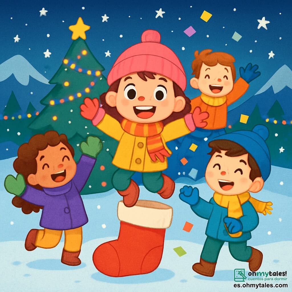 Hay 4 niños: - Marina: una niña de 6 años, con un gorro rosa y una bufanda a rayas. Tiene grandes ojos brillantes y una sonrisa radiante. Está en el centro, saltando alegremente sobre un gran calcetín rojo. - Paula: una niña de 6 años, que lleva guantes verdes muy grandes y un abrigo morado. Tiene el cabello rizado y una expresión juguetona. Está a la izquierda de Marina, levantando los brazos, lista para bailar. - Nico: un niño de 6 años, con un gorro azul y una bufanda amarilla. Tiene el cabello castaño desordenado y una mirada traviesa. Está a la derecha de Marina, riendo y sosteniendo un copo de papel colorido. - Tomás: un niño de 6 años, con un abrigo naranja y guantes azules. Tiene una sonrisa brillante y mejillas rosadas. Está detrás de Marina, saltando con entusiasmo, listo para unirse al grupo. El lugar es una estación de esquí mágica, rodeada de montañas nevadas brillantes bajo un cielo estrellado. Luces de colores brillan en los árboles y copos de nieve caen suavemente, creando un ambiente festivo. En el centro, un gran árbol decorado con guirnaldas brillantes se alza, iluminando la escena. La situación principal muestra a los niños celebrando el Año Nuevo, saltando alegremente sobre sus calcetines, lanzando copos de papel al aire, llenos de risas y deseos para el nuevo año.