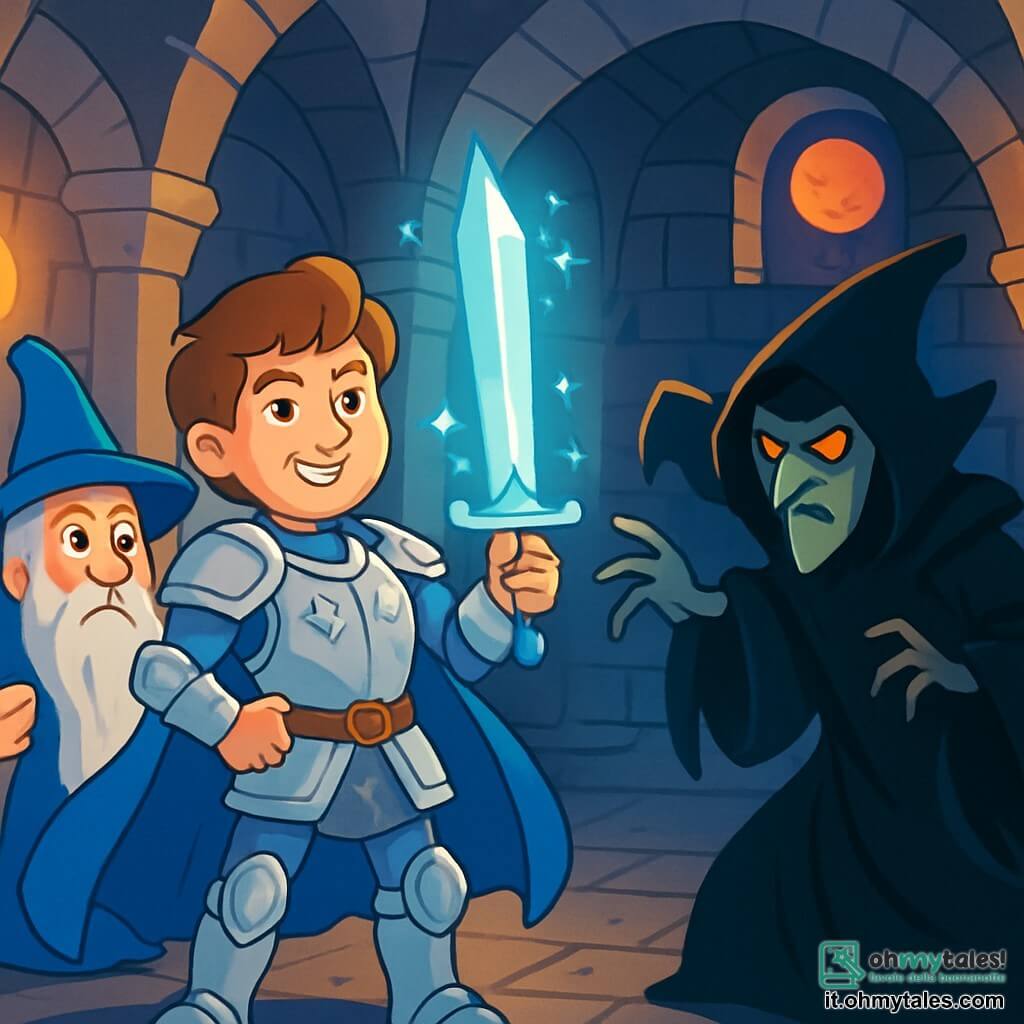 Un giovane, il cavaliere Rolando, si erge orgoglioso al centro della scena, con un sorriso determinato sul volto. Indossa un'armatura brillante decorata con motivi floreali e il suo mantello blu fluttua dietro di lui. Nella sua mano brandisce la Spada di Luce, un'arma scintillante che emette una dolce luce azzurra. Accanto a lui, il vecchio mago Merlino, un uomo anziano con una lunga barba bianca e un cappello a punta, osserva con uno sguardo saggio e benevolo, tenendo un bastone magico. La scena si svolge nella cripta del castello di Camelot, con muri di pietra grigia, torce tremolanti che illuminano lo spazio e colonne maestose che si ergono verso un soffitto a volta. Rolando si prepara ad affrontare il mago Morcar, che emerge dalle ombre con uno sguardo malefico e un mantello nero che fluttua intorno a lui. La tensione è palpabile mentre magia e coraggio si scontrano in questa epica battaglia per proteggere il regno.