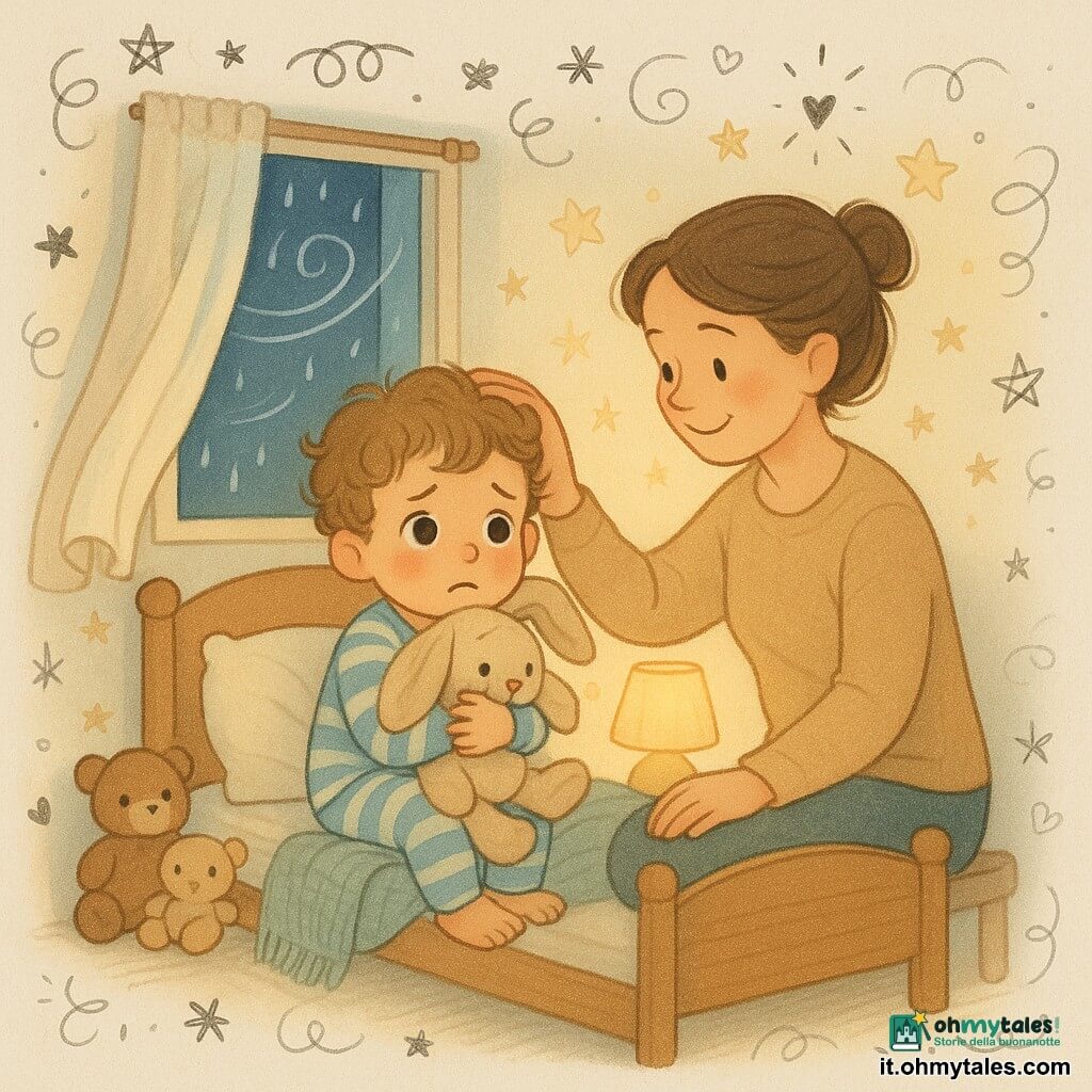 Bambino di 2 anni, spaventato ma rassicurato, capelli castano chiaro ricci, occhi grandi e lucidi, pigiama a righe blu e bianco, seduto sul suo letto di legno abbracciando forte un grande pupazzo coniglio beige; la madre (circa 30 anni), dal volto dolce e capelli castani raccolti, sorride e posa una mano rassicurante sulla testa del bambino seduta sul bordo destro del letto; a sinistra una finestra aperta con una tenda leggera che si muove per il vento e gocce di pioggia sul vetro; stanza piccola e accogliente, pareti crema con stelle dipinte, lampada da comodino giallo tenue che illumina peluche sparsi e una coperta lavorata a maglia; scena notturna di calma in cui la mamma consola il bambino dopo un rumore esterno, espressione tenera e postura protettiva, pupazzo stretto al petto; stile visivo pastello, texture morbide, linee arrotondate, luce calda centrale e piccole icone doodle (stelle, note di vento).