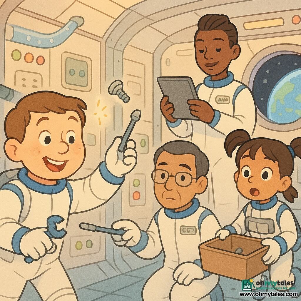 Milo is a smiling, focused astronaut with a round freckled face and short brown hair, wearing a white suit with blue trim, holding a small magnetic wrench and reaching for a floating silver screw; Captain Asha, about 35, dark-skinned with short hair and a calm, kind expression, stands behind him reading a checklist on a tablet; Dr. Kenji, about 40, with thin glasses and salt-and-pepper hair, looks serious but reassuring and extends a magnetic rod from Milo's left; Rina, about 12, wide-eyed with pigtails, floats nearby in a small astronaut vest holding a parts box; the cozy station interior has soft metal panels, transparent pipes with bubbles, lit green/yellow/red buttons and a round porthole showing blue Earth, as Milo carefully replaces a dusty filter in a soft, pastel, collaborative scene.