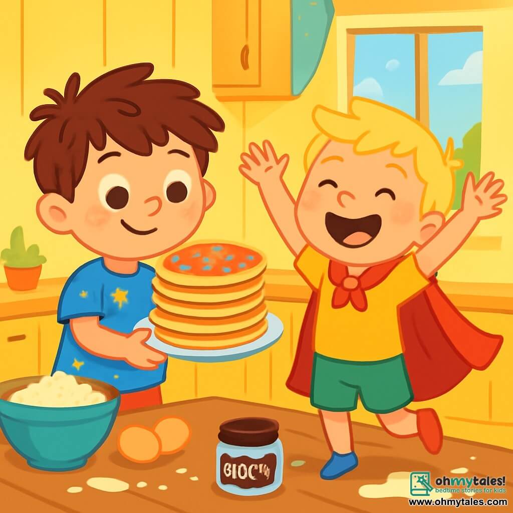 There are two main characters: Max, a 5-year-old boy with messy brown hair, wearing a blue t-shirt with yellow stars and shorts. He is standing on the left, holding a plate full of pancakes decorated with colorful sprinkles and smiling proudly. Charlie, also a 5-year-old boy with blonde hair and a bright smile, is wearing a red superhero cape and green shorts. He is on the right of Max, raising his arms enthusiastically, ready to present his own pancakes to their dad. The scene takes place in a bright and welcoming kitchen with yellow walls and open windows letting in sunlight. On the table, there are scattered ingredients: a bowl of flour, eggs, and a small jar of chocolate chips. The floor is a bit messy with flour and milk splatters, adding a fun touch to the scene. Max and Charlie are both very happy, preparing pancakes for Father's Day, surrounded by bright colors and beaming smiles, illustrating their love and friendship.