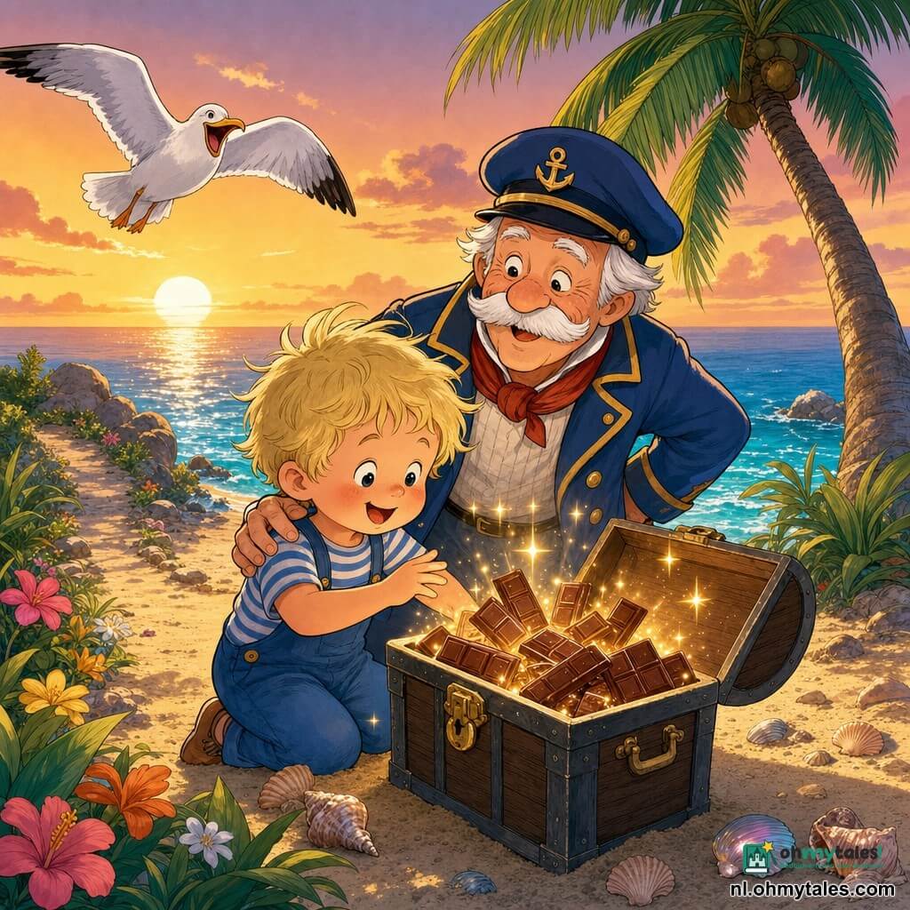 Een jongen genaamd Roosie met rond gezicht en warrig blond haar, glimlachend en verwonderd, knielend voor een open houten schatkist waar glinsterende vonken en chocoladerepen uitstromen; achter hem staat de oude kapitein Klappertje met gerimpeld gezicht en grote witte snor, trots en vriendelijk, hand op Roosies schouder; een grote witte meeuw vliegt linksboven met gespreide vleugels en open snavel; de scène speelt zich af bij schemer op een klein eiland met goudkleurig zand, een hellende palm, glinsterende schelpen en een bloemenpad naar het strand, warme ondergaande zon verlicht de gezichten en laat de zee en de chocolade glanzen; stijl: levendige contrastkleuren, duidelijke lijnen in Europese stripstijl, zachte vormen geschikt voor peuters, vrolijke veilige sfeer.