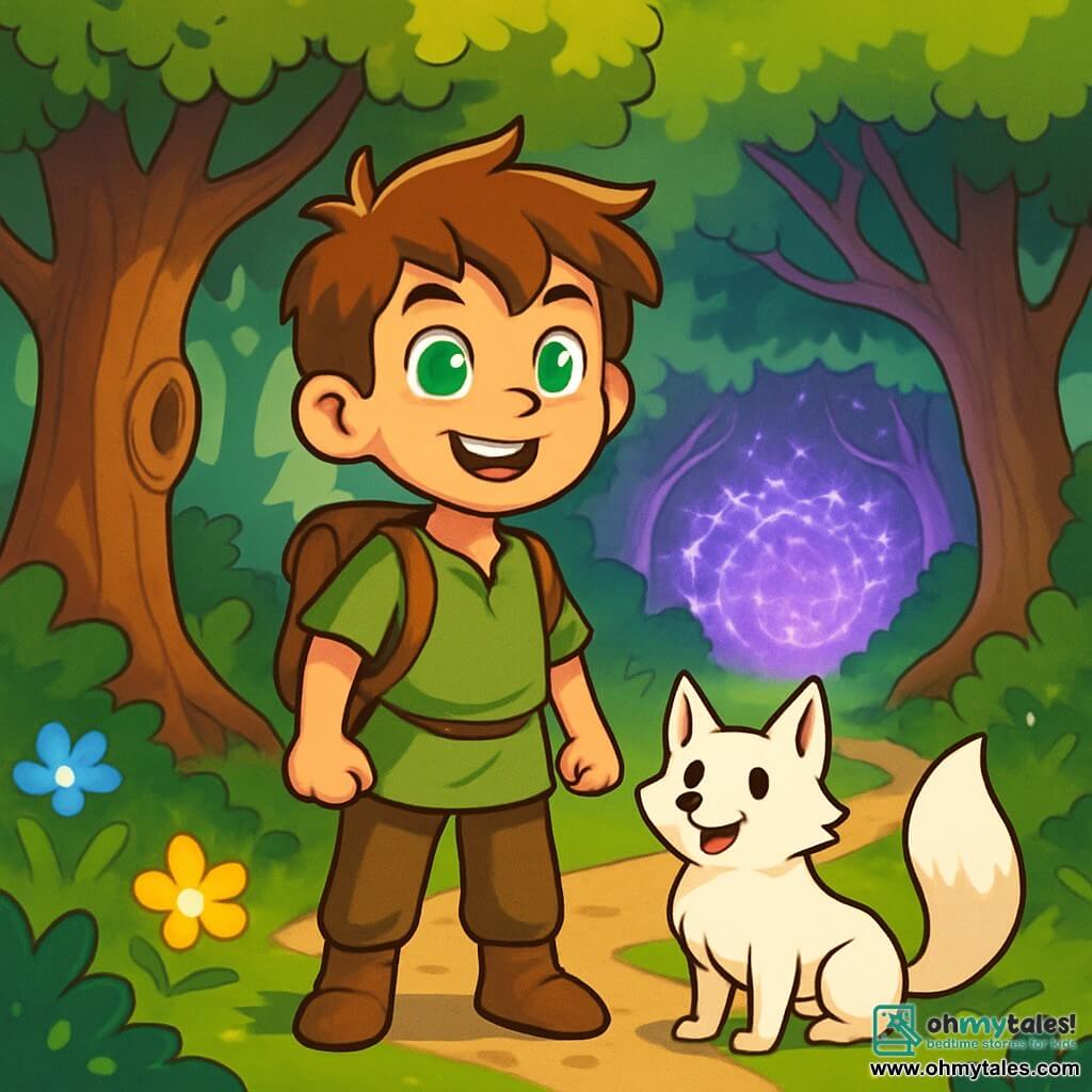 A 10-year-old boy named Finn stands bravely at the center of the image, with bright emerald-like eyes and messy brown hair. His face expresses joyful determination, and he wears a simple tunic and canvas pants, with a small leather backpack beside him. At his feet, a striking white fox named Whisper looks up at him with mischievous sparkling eyes, ready to accompany him on his adventure. The setting is an enchanted forest with majestic trees, vibrant green leaves, and glowing flowers illuminating the ground, while a winding path weaves through the bushes. In the distance, a wall of brambles glimmers with a purple light, marking the entrance to a mysterious labyrinth. The scene captures the moment Finn, heart racing with excitement, prepares to enter the labyrinth in search of the Heartstone, while Whisper, by his side, seems to encourage his friend with a confident look.