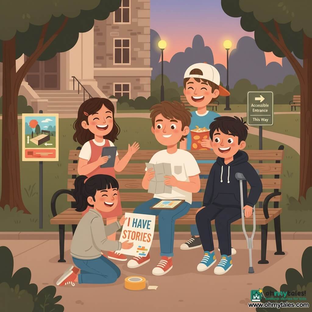 A group of 12-year-olds—Eli, smiling and relaxed with messy brown hair, light tee and jeans, holding a folded map and clipboard on a wooden bench; Noor, joyful and confident on silver crutches in a dark hoodie and colorful sneakers, sitting beside Eli; Mei, playful and focused with tied black hair and light jacket, kneeling to tape a bright "I HAVE STORIES" poster; Amina, laughing in a simple dress with wavy hair, holding a tablet or book to Eli's left; and Lucas, tall and hungry in a backwards cap, holding a bag of chips behind the bench—pose after their “Comfy Loop” in a neighborhood park at dusk with warm lamplight, dark-leaved trees, a stone library with visible steps, and an official sign by the steps reading "Accessible Entrance — This Way" plus a cheerful poster and arrow indicating a ramp, tight, warm composition conveying inclusion and camaraderie.