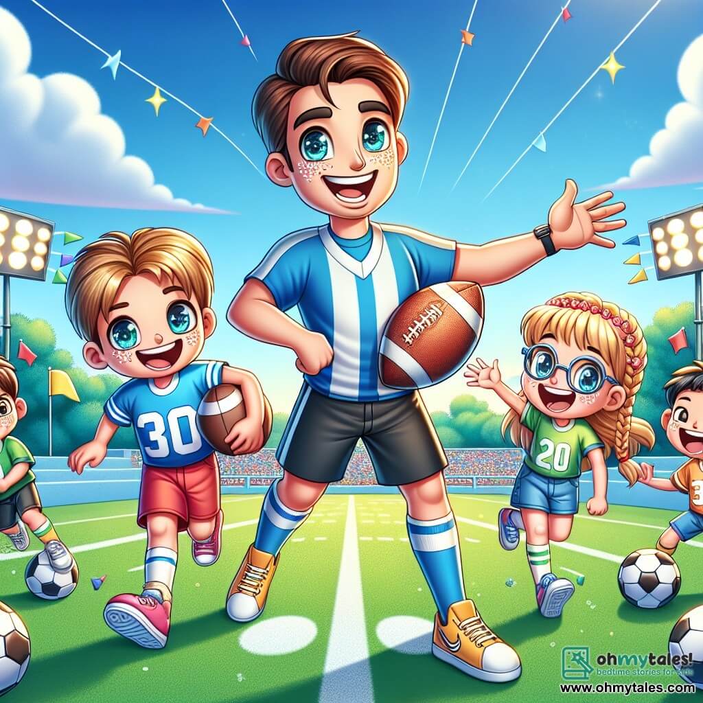 A man named Leo is at the center of the image, smiling widely with brown hair and sparkling eyes. He wears a blue football jersey and bright yellow shoes, holding a football under one arm while encouraging the children around him. To his right, a girl named Emma, about 10 years old with long braided blonde hair and wearing red shorts, jumps for joy holding a football with a big smile. On the left, Max, a 9-year-old boy with brown hair and glasses, is making a funny face, preparing to dribble the ball, adding humor to the scene. The setting is a green football field under a bright blue sky, with trees in the background and parents applauding on the sides. Colorful flags flutter in the wind, creating a festive atmosphere. The main situation shows Leo, the coach, surrounded by his young players, all having fun and playing football together, embodying team spirit and the joy of the sport.