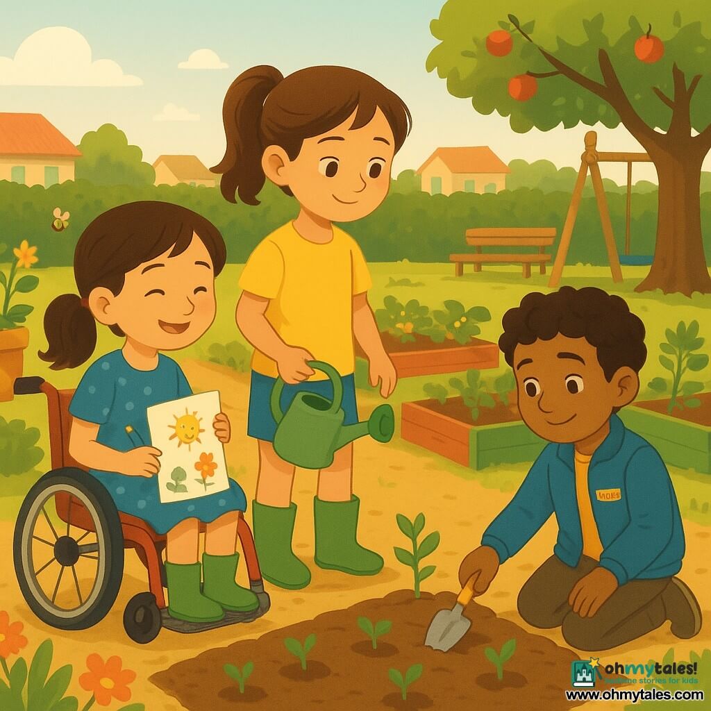 Three 7-year-old children in a sunny community garden: Maya, light-skinned with brown pigtails, wearing a yellow T-shirt and green boots, stands left-center with a watering can, protective and watching others; Lila, light-skinned with short black hair in a small red wheelchair, wearing a blue polka-dot dress, sits left smiling and holds out a drawing and a pencil to offer; Arun, brown-skinned of South Asian origin with curly hair and a blue jacket, kneels right by a row of young pea plants holding a small trowel, shyly smiling as he regains confidence. The garden has narrow dirt paths, painted wooden beds, flower pots, a swing and bench under an apple tree, visible flowers, tomato stems and bees; the children are planting peas together in a calm, friendly scene bathed in warm sunset light.