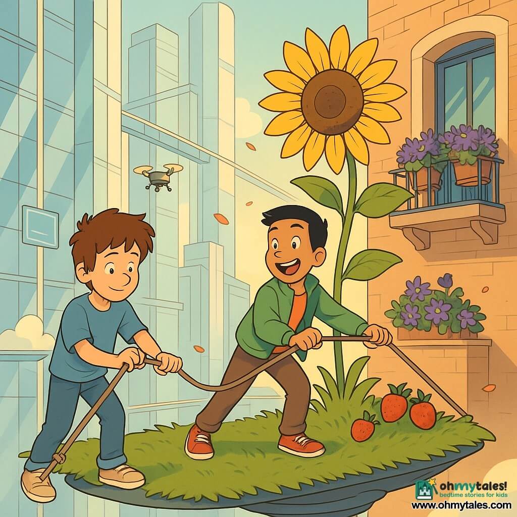 Two main characters: Milo, 10, small boy with tousled brown hair, faded blue tee and jeans, muddy hands holding a beige tug rope, in the foreground left with a focused face and shy smile; Jay, 10, slightly taller with short black hair, light green jacket and red sneakers, holding the other rope and leaning back to steady the platform, foreground right with an energetic, laughing expression. They guide a large floating garden platform with a huge sunflower shading a blooming balcony in a futuristic city of grassy suspended platforms between gleaming glass towers, visible anti-grav pads beneath lawns, cloud benches, blue holographic signs and maintenance drones; vertical mirrored skyscrapers, transparent walkways and a modern brick balcony with purple flowerpots appear in the mid-background. The platform drifts slowly, ropes form a dynamic diagonal, the sunflower tilts right, shiny red strawberries dot a corner of the garden; warm golden late-afternoon light, cool shadow on the balcony, a light breeze lifting petals, overall optimistic, adventurous atmosphere.