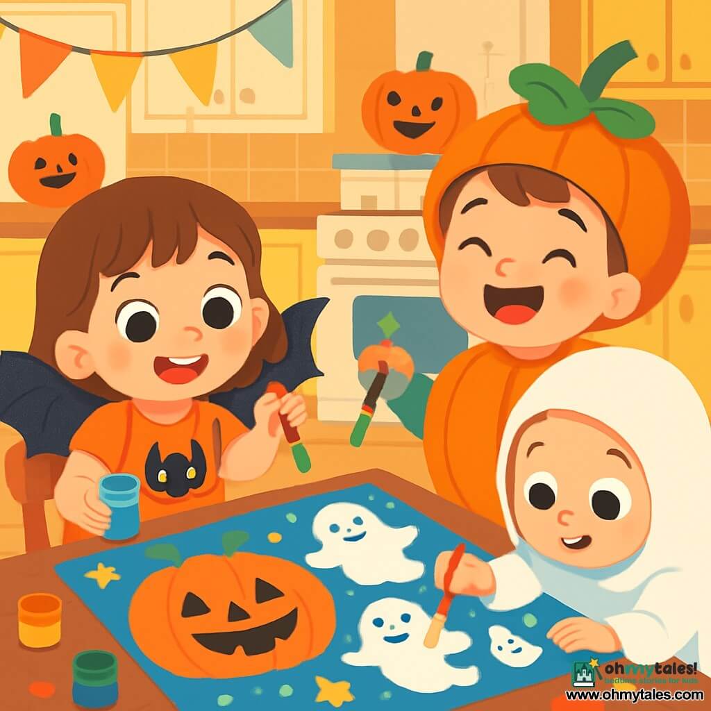 A 4-year-old girl, Mia, with sparkling big eyes and a radiant smile, wears an orange dress adorned with a black cat and shimmering bat wings. She is sitting at a table, holding a brush in one hand and a paint pot in the other, full of excitement and joy. Next to her, Oliver, a 5-year-old boy dressed as a pumpkin with a green leaf-shaped hat, laughs as he adds details to a large drawing. Ava, a 4-year-old girl dressed as a ghost in a white sheet with round eyes, leans in to paint small smiling ghosts on the poster. The setting is a cozy kitchen decorated with bright garlands and smiling pumpkins, with splashes of paint on the table and floor. The main scene shows the three friends painting a large Halloween poster together, filled with bright colors, joyful pumpkins, friendly ghosts, and sparkling stars, creating an atmosphere of happiness and creativity.