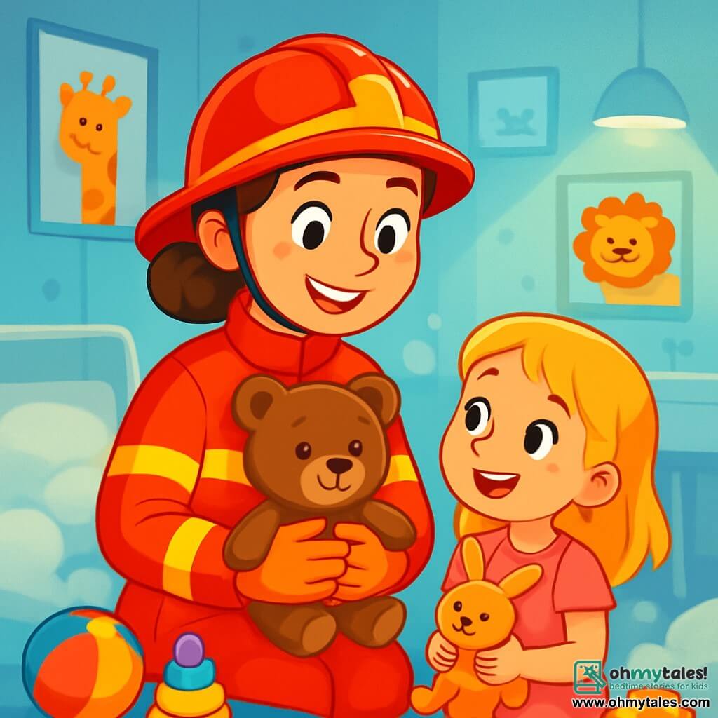 A young firefighter named Lily, with brown hair in a bun, wears a bright red suit and a shiny helmet. She has a warm smile and sparkling eyes of determination, holding a teddy bear in her arms. Next to her, a small girl with blonde hair, about 6 years old, in a pink dress, looks at Lily with wonder, holding a stuffed toy. Their environment is the interior of a hospital, with pastel blue walls, animal drawings, and toys scattered on the floor. The soft light from the lamps creates a welcoming and reassuring atmosphere. The main scene shows Lily and the little girl celebrating the reunion of the teddy bear, surrounded by colorful toys, with radiant smiles on their faces, while light mist clouds float around them, adding a touch of magic to the scene.